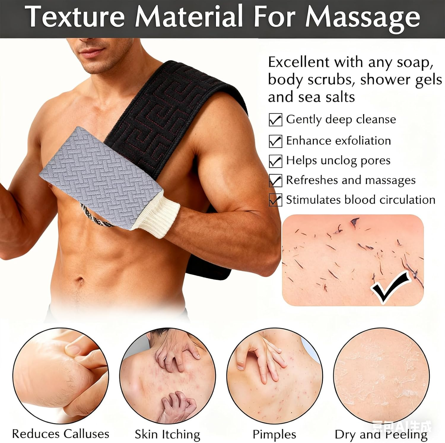 Body Scrubber，Back Scrubber，Long Exfoliating Back Scrubber for Shower, 34In Body Scrubber with Handles & Mitts, Double-Sided Black Mesh Scrubber for Deep Cleansing & Skin Exfoliation