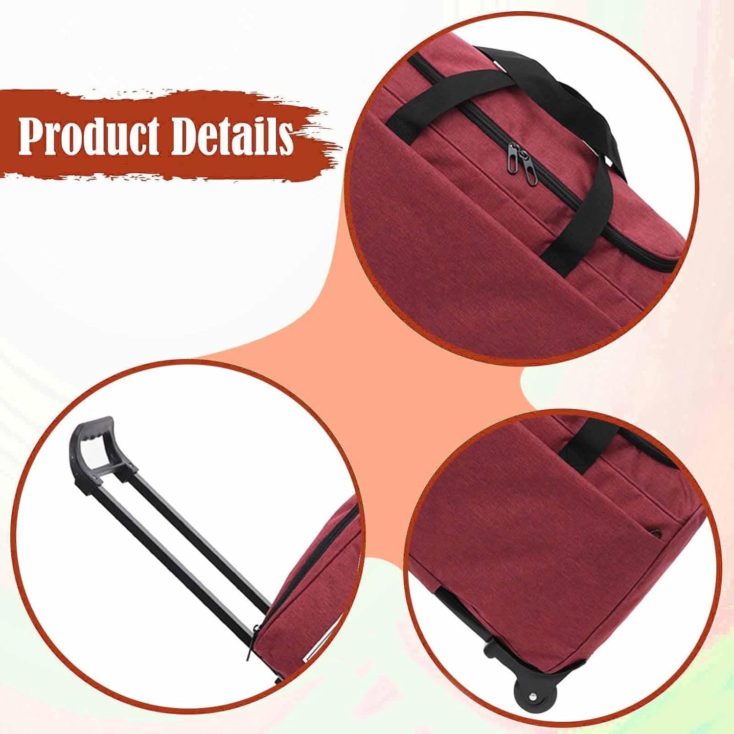 Baotyjie Rolling Duffel Bag Travel Bag Portable for Men Women Storage Camping Suitcase Waterproof Oxford Cloth Travel Luggage Foldable, Red - Red image number 3