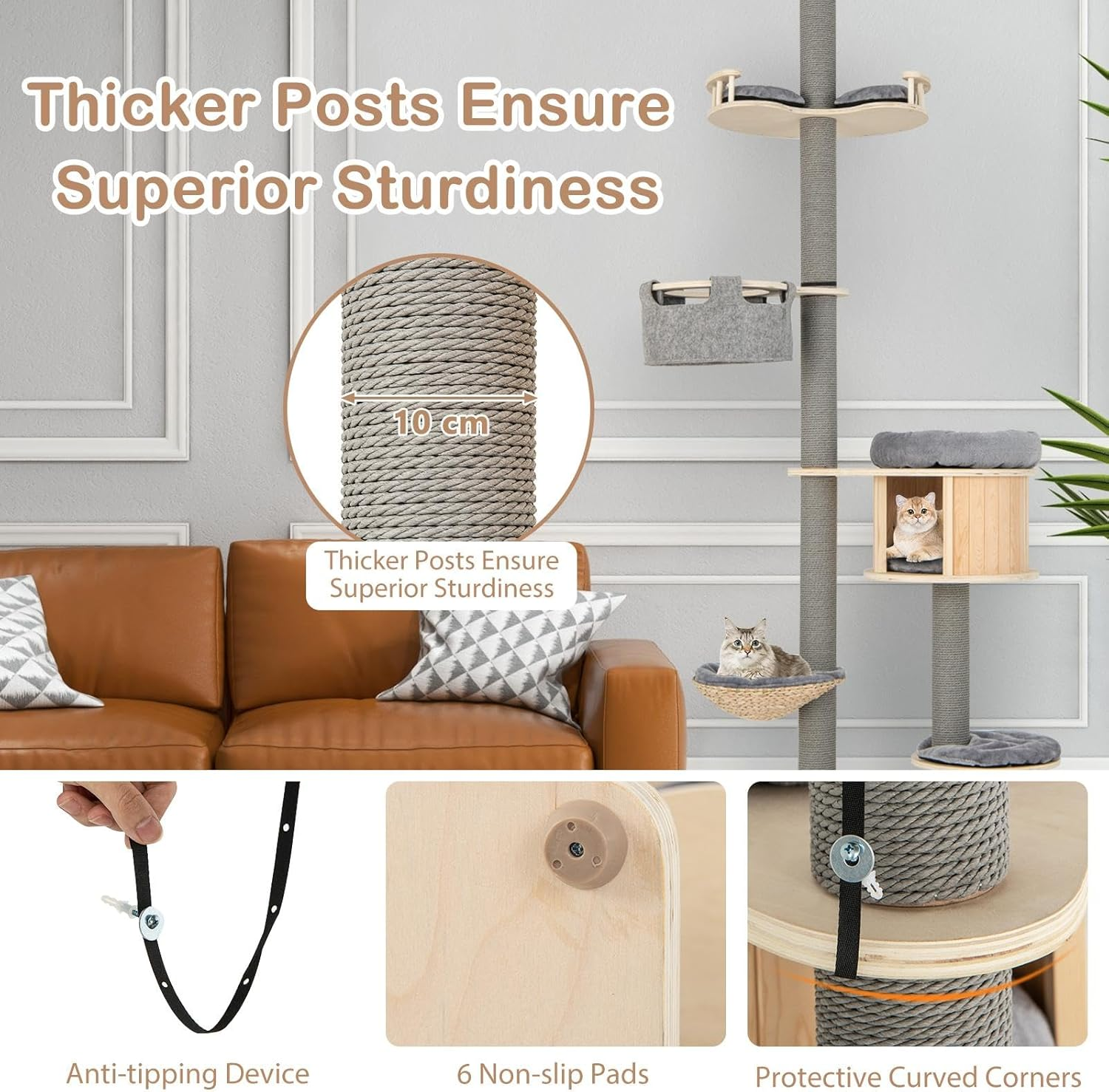 Costway 6-Tier Floor-To-Ceiling Cat Tree, 255-280Cm Adjustable Height, Tall Cat Tower with Cat Condo, Hammock, Scratching Posts, Springboard, Platform, Cat Climbing Activity Center for Indoor Kittens