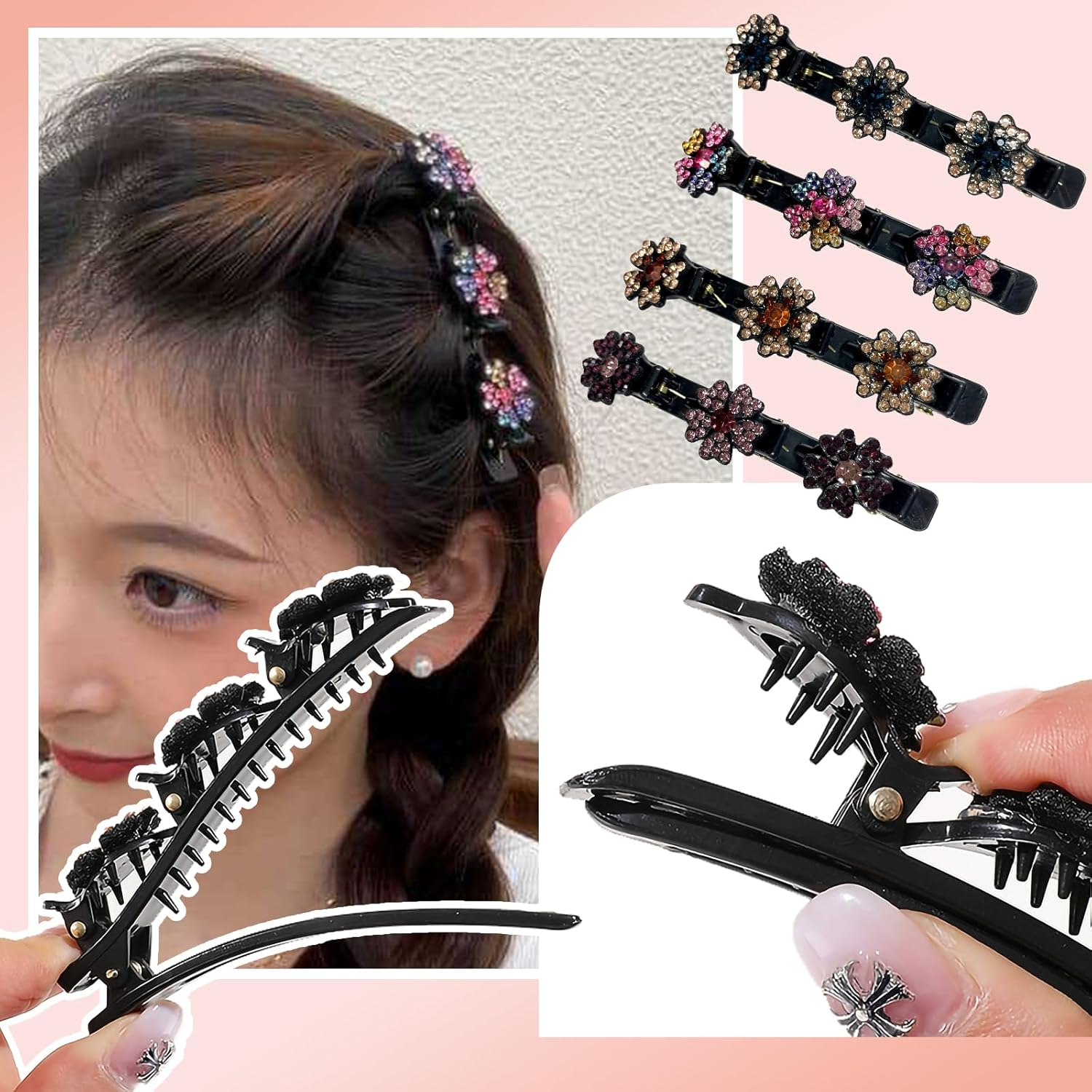 Pqkl-Party Women'S Hair Clips, Hair Clip with Crystal Flower, Crystal Stone Hair Clips with 3 Mini Clips, Double Layer Hair Clips, Hair Clips for Styling & Festive image number 4