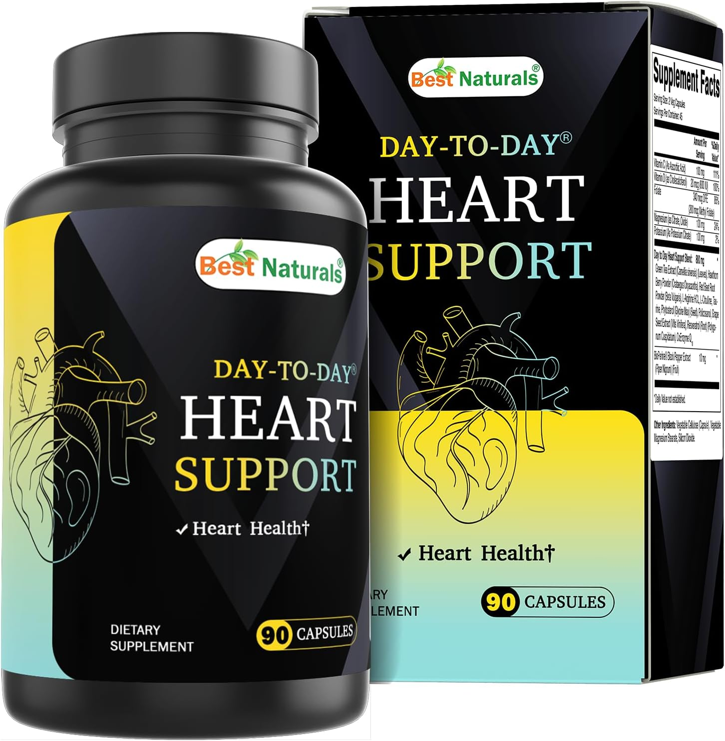 Best Naturals Day-To-Day Heart Health Support with Folate, Green Tea, Hawthorn, Beet Root, L-Arginine, L-Citrulline, Phytosterol, Resveratrol, Coq10 90 Veg Capsules image number 1