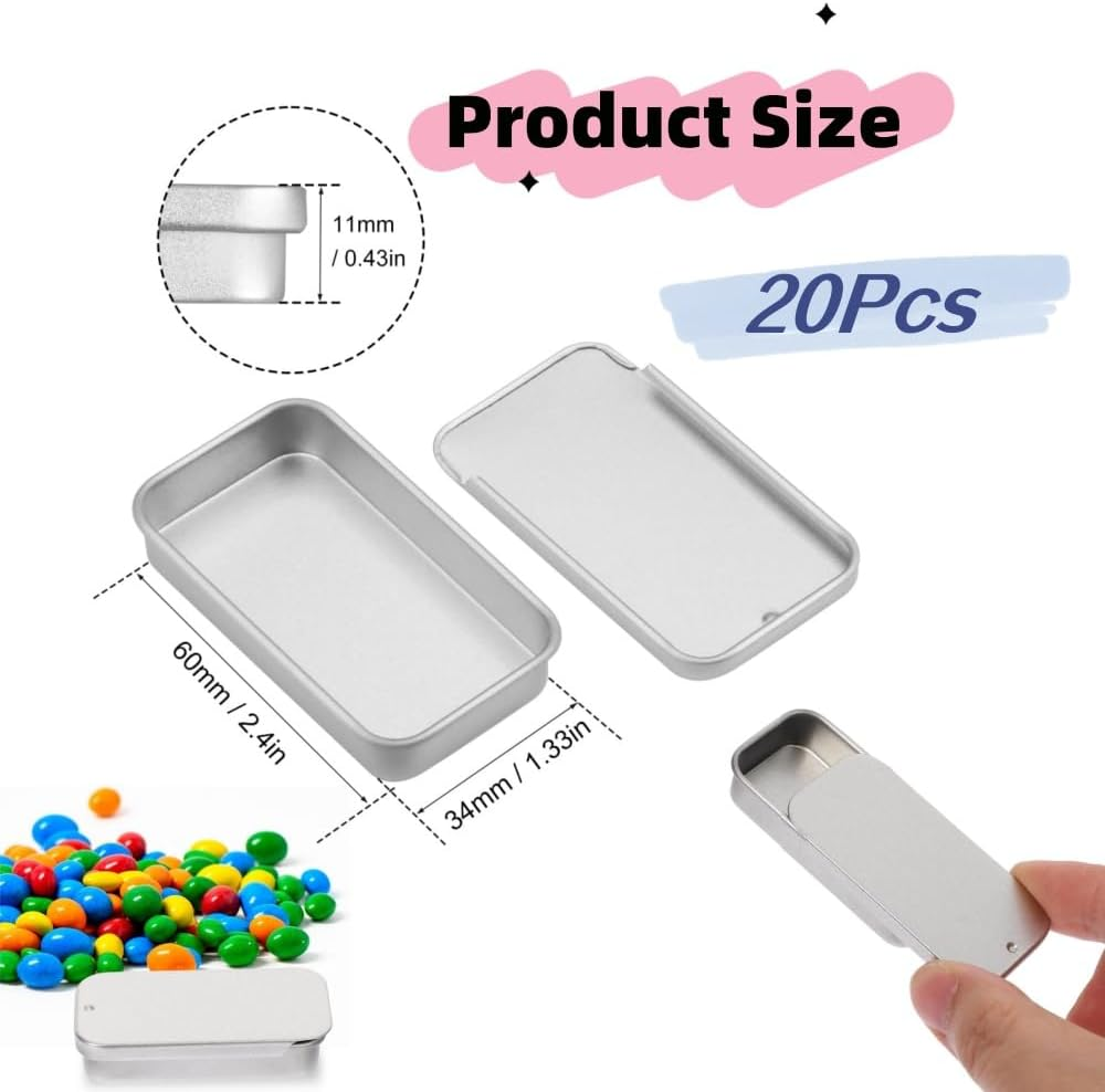 20Pcs Mini Portable Slide Top Small Tin Containers,2.36" X 1.34" X 0.39"Metal Tins Box Empty Storage Organizer Tins with Lids for Lip Balm Candies Candles (&lrm;Silver) image number 2