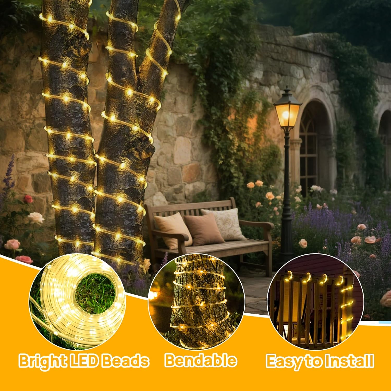 Aofonchy Solar LED Rope Lights Outdoor, 33Ft 100 Leds Waterproof Tube String Lights with 8 Lighting Modes Solar Powered Fairy Lights for Christmas Wedding Tree Patio Lawn Garden Party Decor - Multicolor image number 6