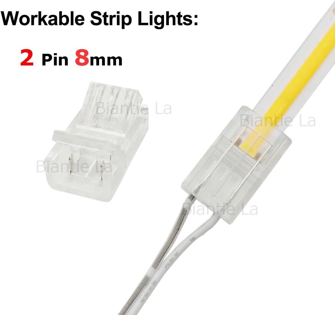 2-Pin COB LED Strip Connectors 8Mm Unwired Clips Solderless Adapter Terminal Extension Connection for 12V High Density LED Strip Lights