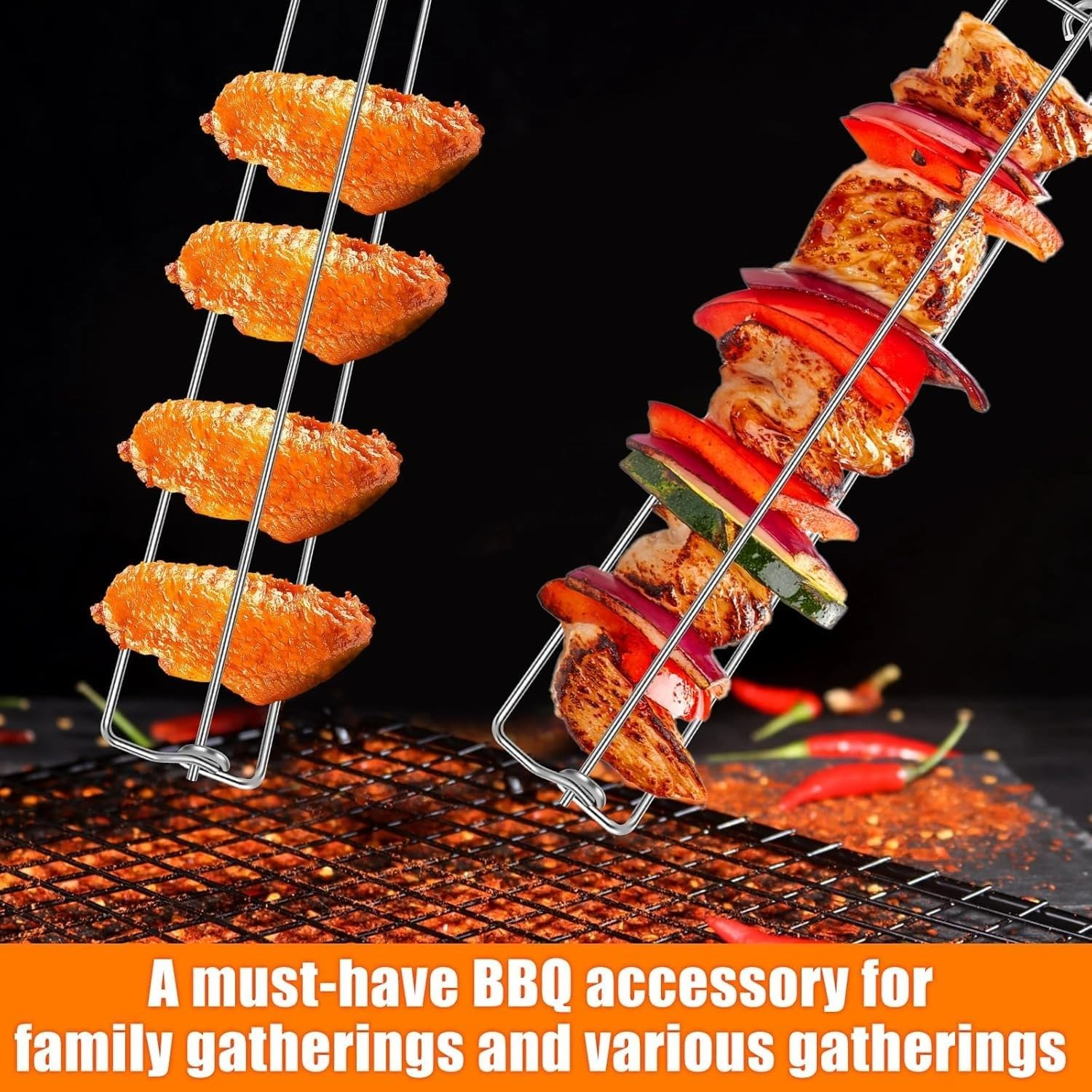 Lyfengdeam Chicken Wing BBQ Fork, Metal Grilling Rails, Wing Rails for Grilling Chicken Wings, U Shape Design Clamping Rails Flat Sticks Tool Set for Outdoor Picnic Camping Barbecue(4Pcs) image number 3