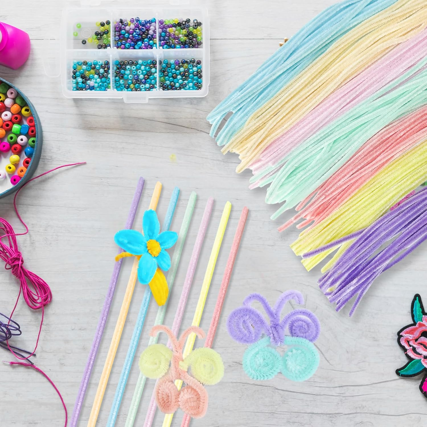 Pipe Cleaners Set, 100 PCS Macaron Colors Fuzzy Sticks Pipe Cleaners for DIY Arts Crafts Project (7 Mixed Colors) image number 1