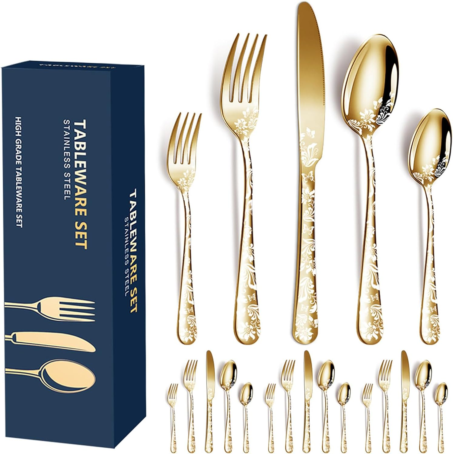 20Pcs Stainless Steel Flatware Set, Unique Flower Pattern Silverware Set Service for 4 People, Silver Cutlery Set with Knives/Forks/Spoons, Mirror Polished Utensil Set for Kitchen, Dishwasher Safe