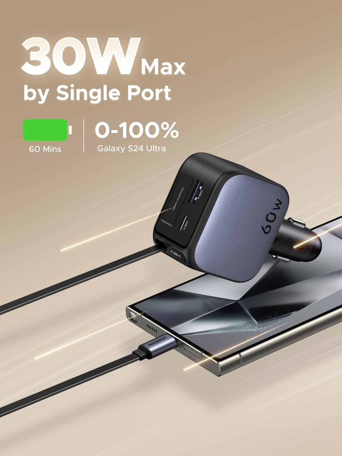 UGREEN 60W 2C1A Car Charger with Retractable Cable, 3-Port Fast Charger with 30W PD USB-C, USB-A, Cigarette Lighter Adapter for Iphone 17/16/15, Galaxy S25/S24, Ipad, GPS, 12V Car Accessories image number 6