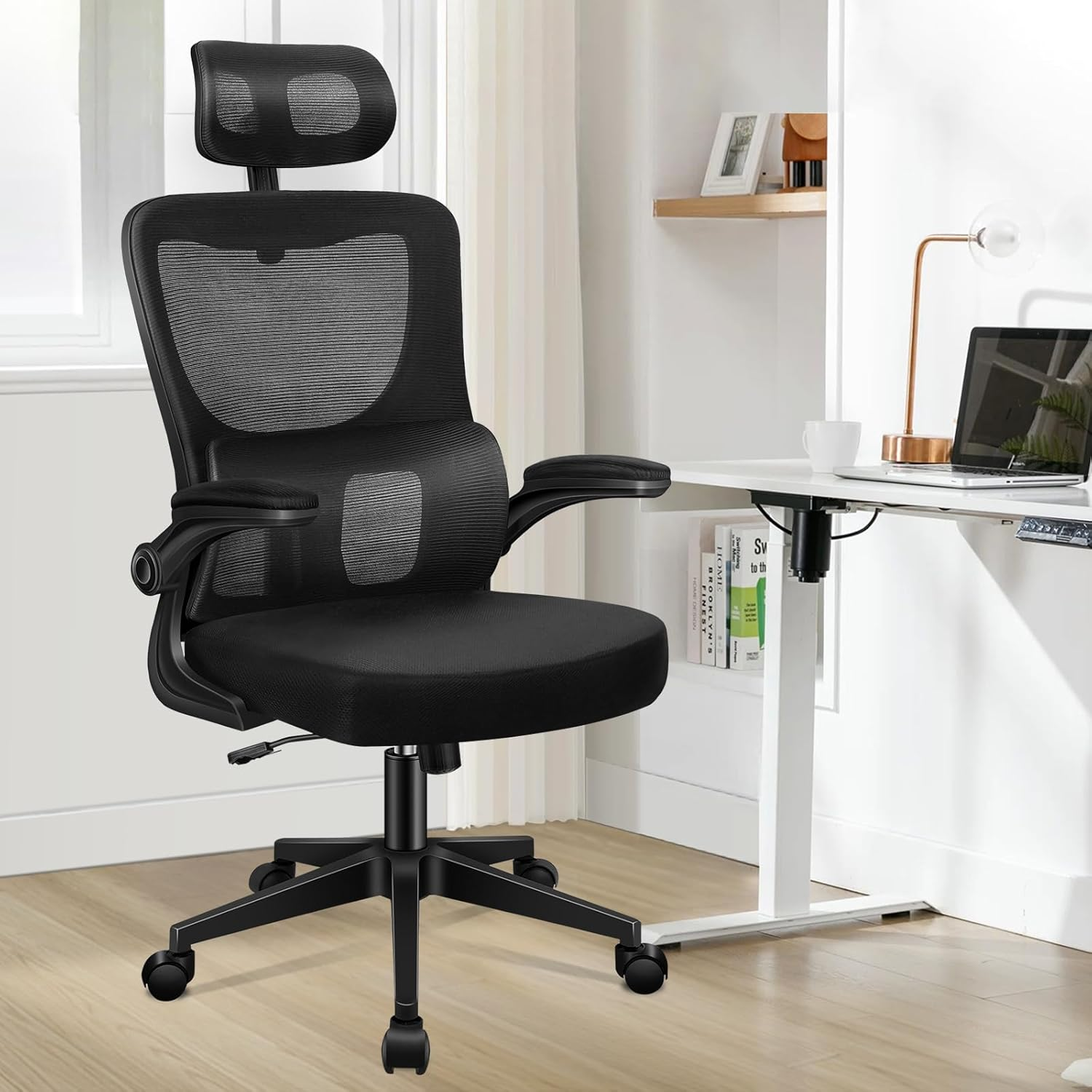 ALFORDSON Mesh Office Chair Ergonomic Mid-Back Nyles Series, Adjustable Flip-Up Arm & Headrest Gaming Racing Task Chair, Student Computer Study Desk Chair for Home Office, All Black image number 3