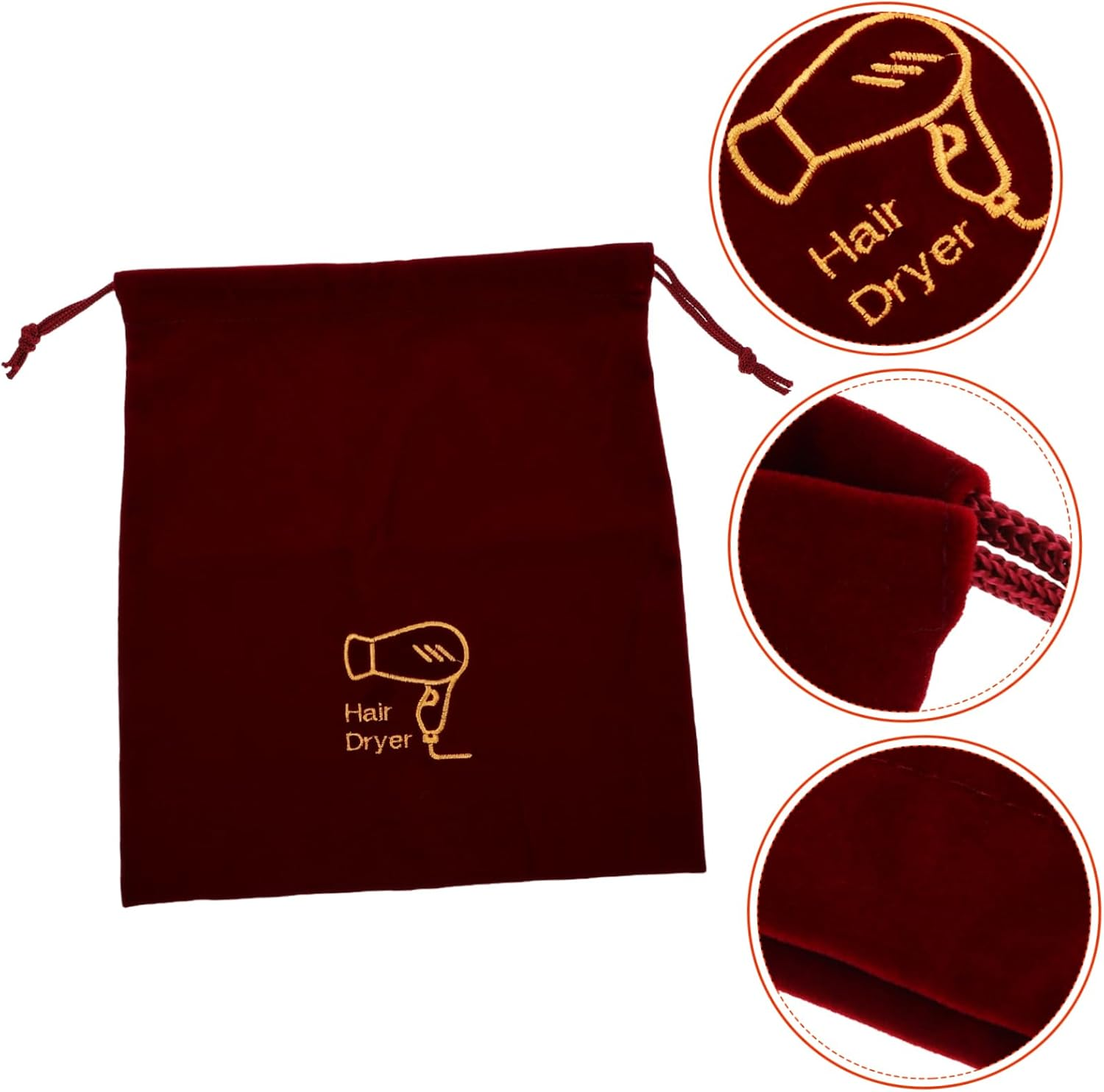 Drawstring Flannel Hair Dryer Bag 26X30Cm Velvet Travel Storage Organizer for Hair Styling Tools Portable Hairdryer Case in Maroon image number 1