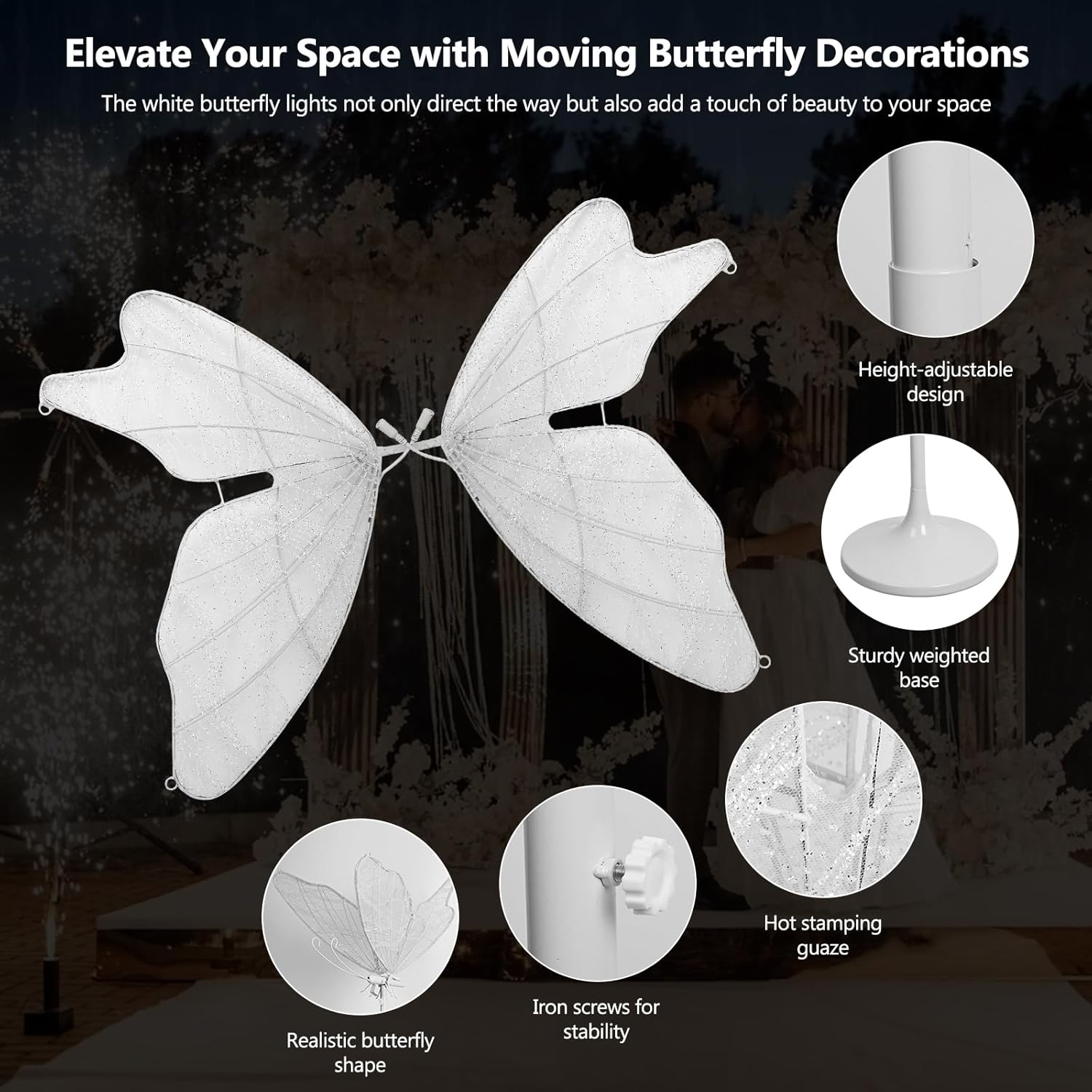 3-Color Wedding Butterfly Floor Lamp Decoration, 31.5 Inch Creative Butterfly Ceiling Lamp, Adjustable Height Romantic Butterfly Lamp Props for Wedding Party, 80 CM image number 6