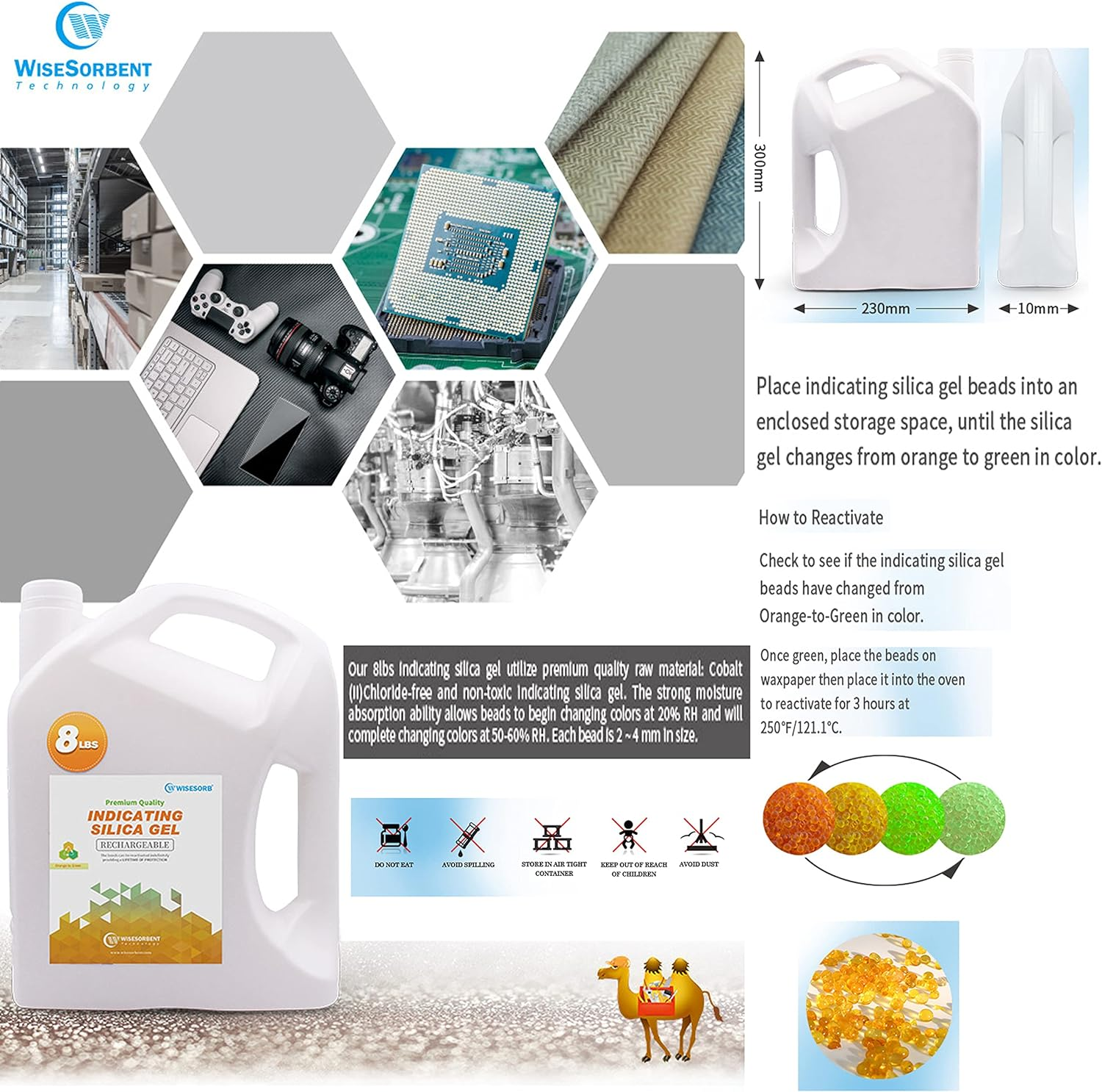 Wisesorb 8 LBS Indicating Silica Gel Beads (Orange to Green), Reusable Dessicant Dehumidifiers Desiccant Moisture Absorber