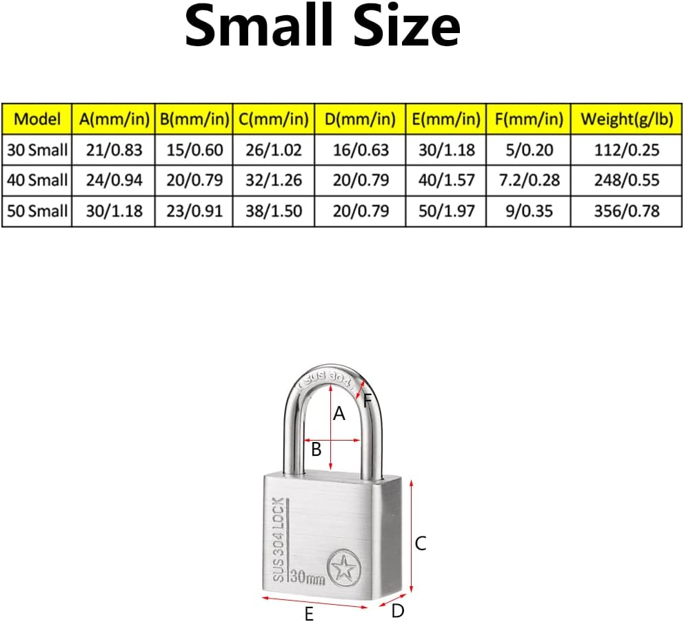 304 Stainless Steel Keyed Padlock 30 Mm Padlocks Heavy Duty Lock with 4 Keys, Indoor Outdoor Security Locks for School and Gym Locker, Sheds, Fence, Backpack, Storage Cabinets [Short Shackle] image number 2