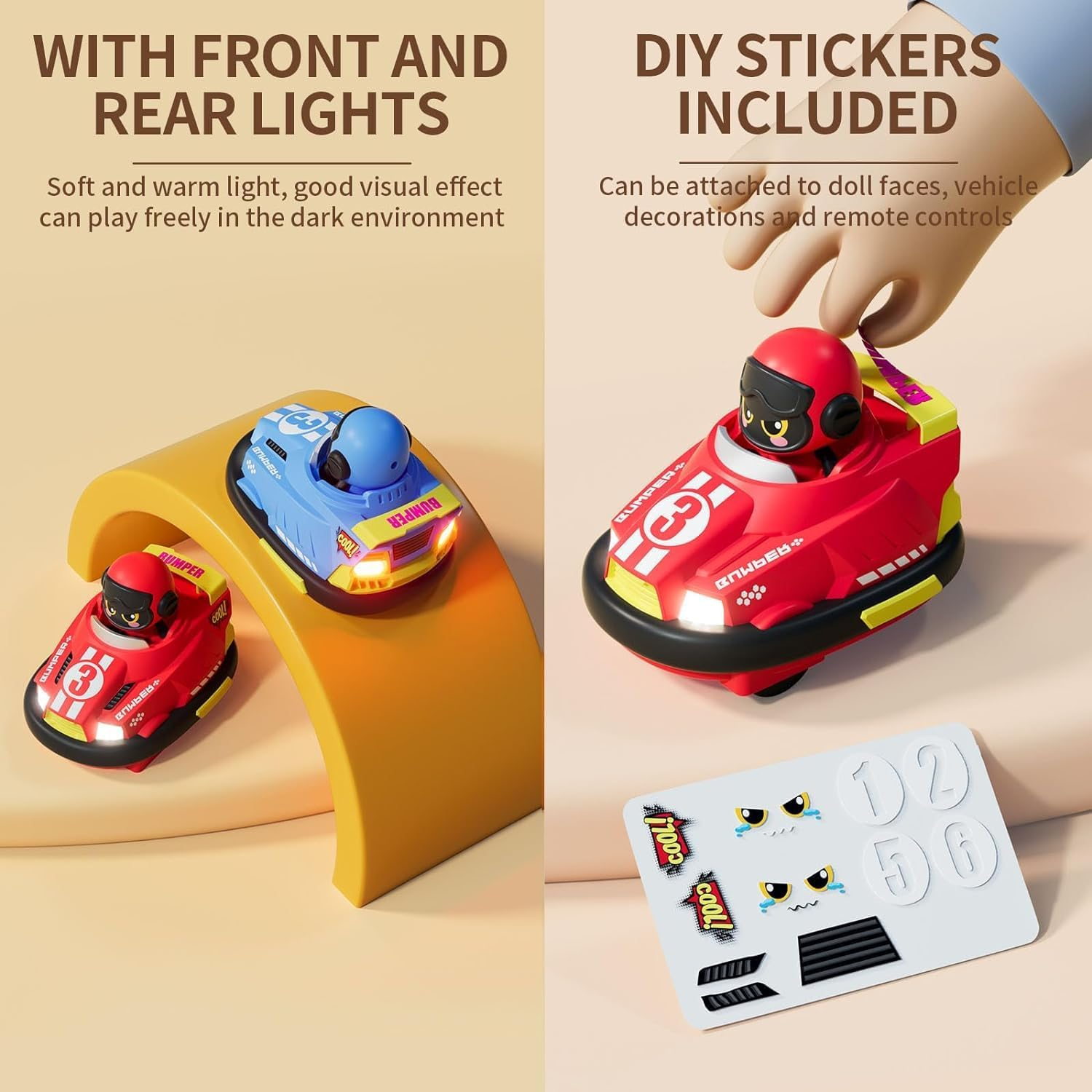 B-Qtech Remote Control Car Toy, Cute Bumper Cars Cartoon Car with Ejecting Drivers, 2 Pack Battle Car Toy Switchable Speeds with Music & Lights, DIY Stickers Included, Birthday Gifts for Boys Girls image number 2