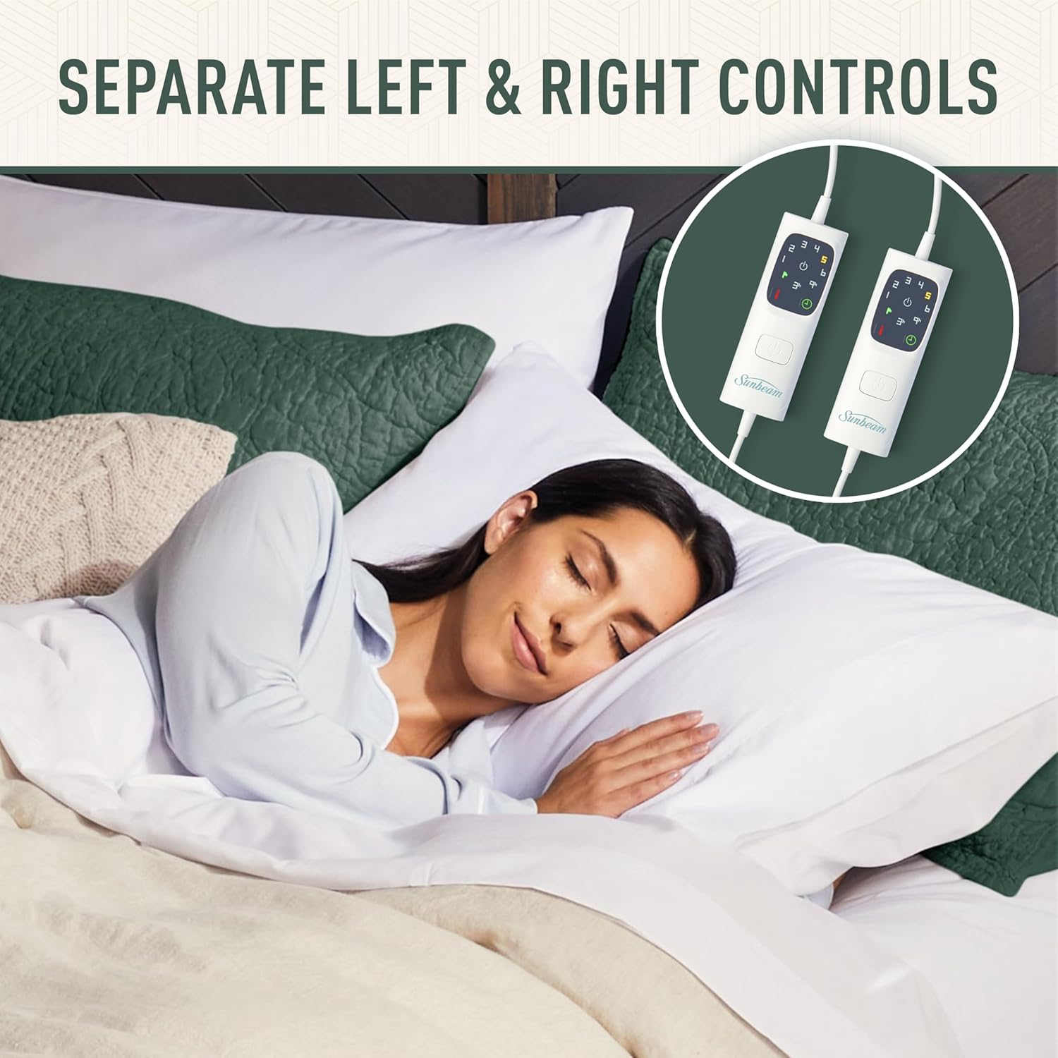 Sunbeam Sleep Perfect Wool Fleece Electric Blanket Queen | 100% Australian Wool, Fully Fitted, Antibacterial, Washable Dual Controls, Auto-Off Timer with Overheat Protection BLW6651