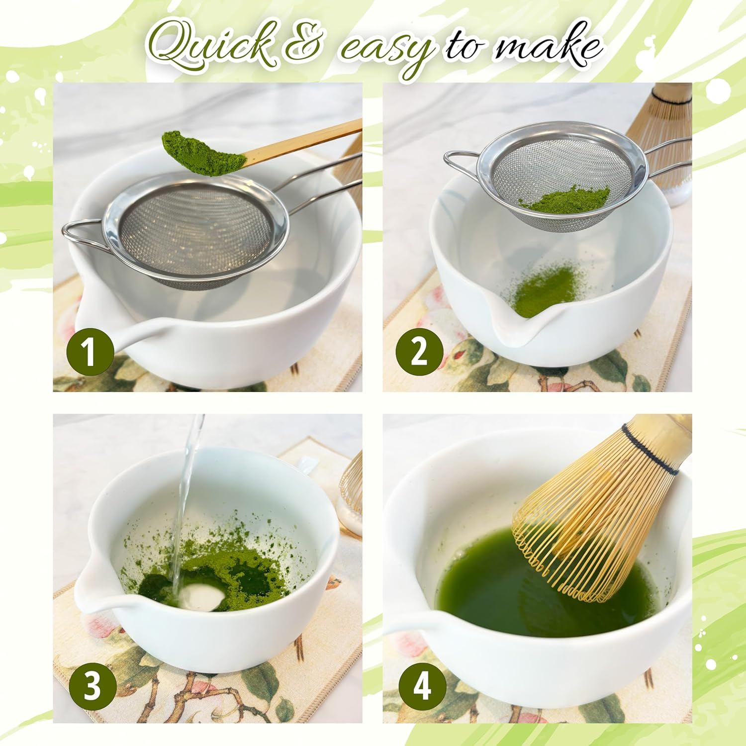 Matcha Whisk Set &ndash; 7-Piece Japanese Matcha Tea Set with Chasen, Matcha Bowl, Sifter, Tea Strainer, Whisk Holder & Kitchen Towel &ndash; Complete Matcha Kit by Giftora (White) image number 2