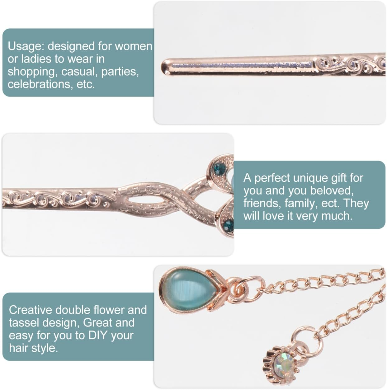 Minkissy Rhinestone Flower Hair Sticks Blue Cat'S Eye Gemstones Vintage Chinese Hanfu Hair Chopsticks with Tassel Floral Hairpins Hair Styling Accessories - Sky-Blue image number 5