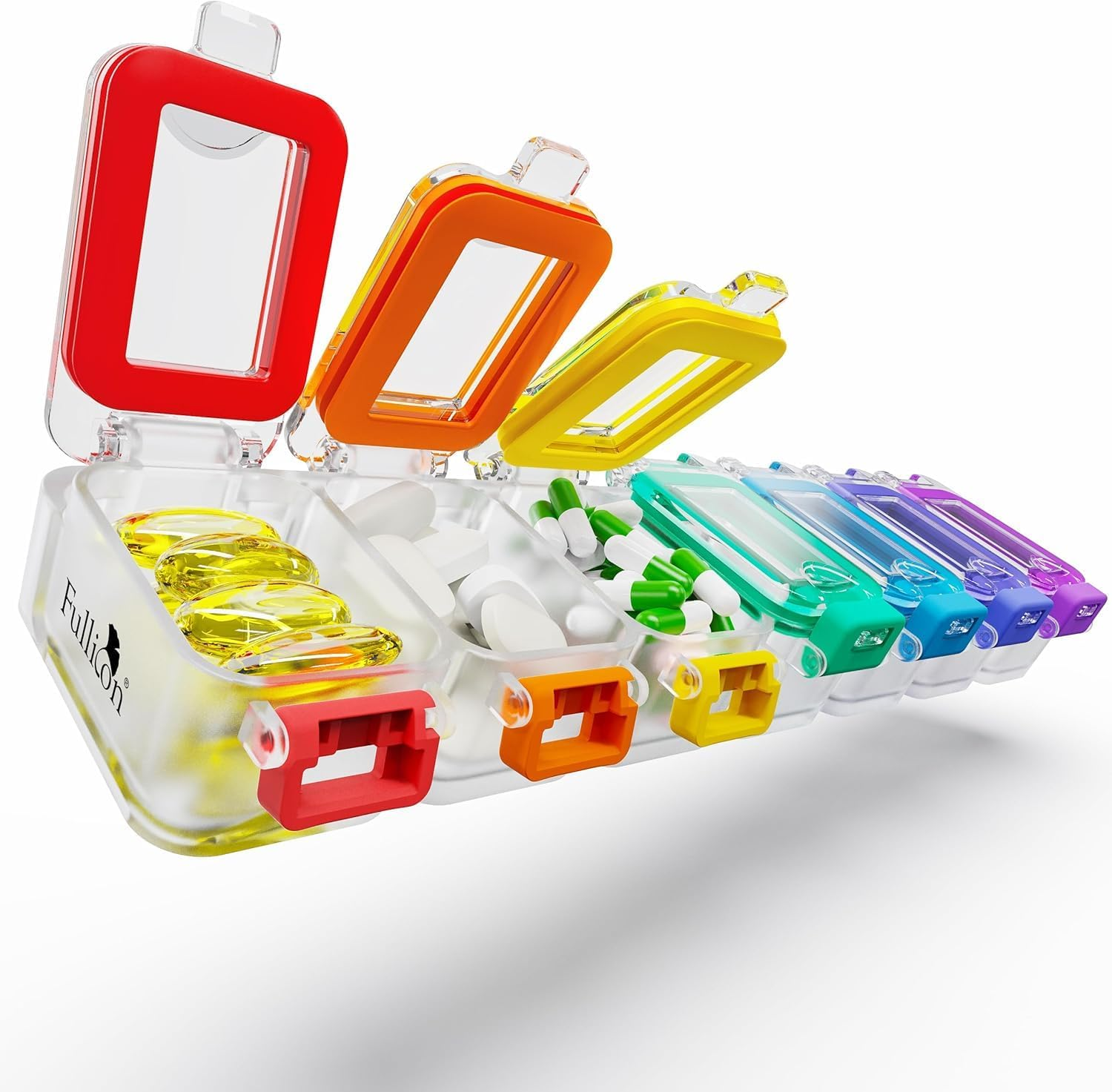 Fullicon Weekly Pill Organizer 7 Day Ultra Moisture and Spill Proof Daily Pill Box, Large Medicine Case with Secure Buckle, Compact Travel Pill Container for Pill, Vitamin, & Fish Oil (Rainbow Black)