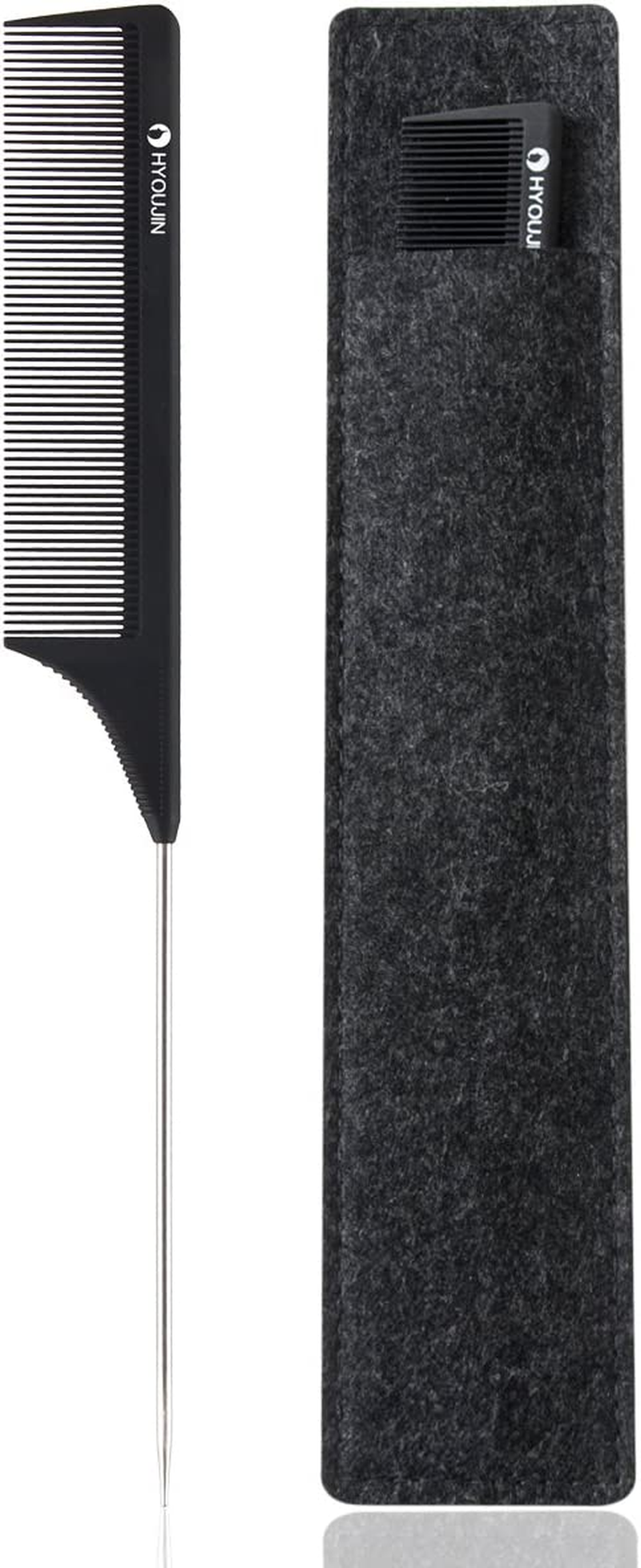 HYOUJIN 608 Black Carbon Rat Tail Combs Pin Tail Comb 100% anti Static 230℃ Heat Resistant Metal Parting Combs with Non-Skid Paddle for Hair Styling