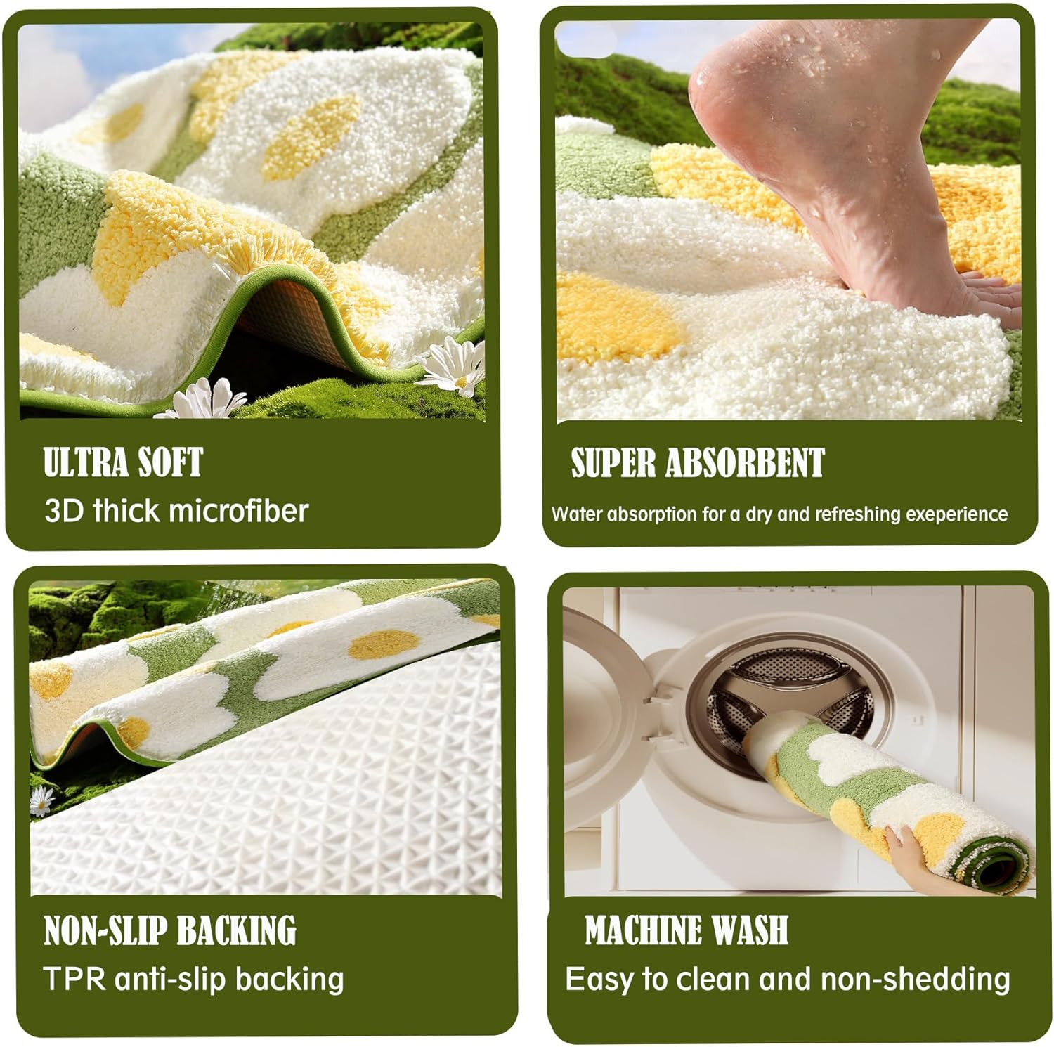 Green Floral Bath Mat ，Microfiber Moss Bathroom Rug15.7''W X 23.6''L ，Non Slip Washable, Modern ，Shaggy Bathroom Shower Floor Mat Absorbent，Ultra - Soft 3D Microfiber Mat