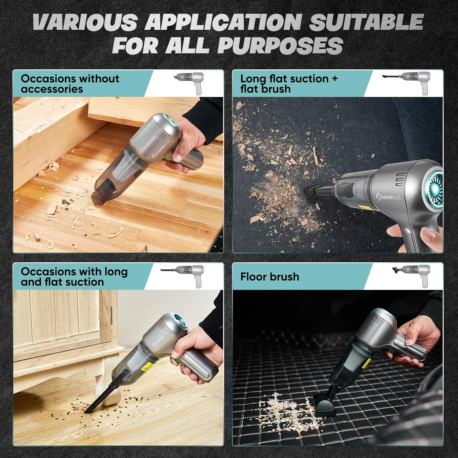 Sakerplus Car Vacuum Cleaner-Wireless Handheld Car Vacuums with Best Suction,Brushless Motor 12000PA Maximum Power,3 in 1 Mini Portable Vacuum Cleaner Cordless for Home,Office,Kitchen,Cars image number 4