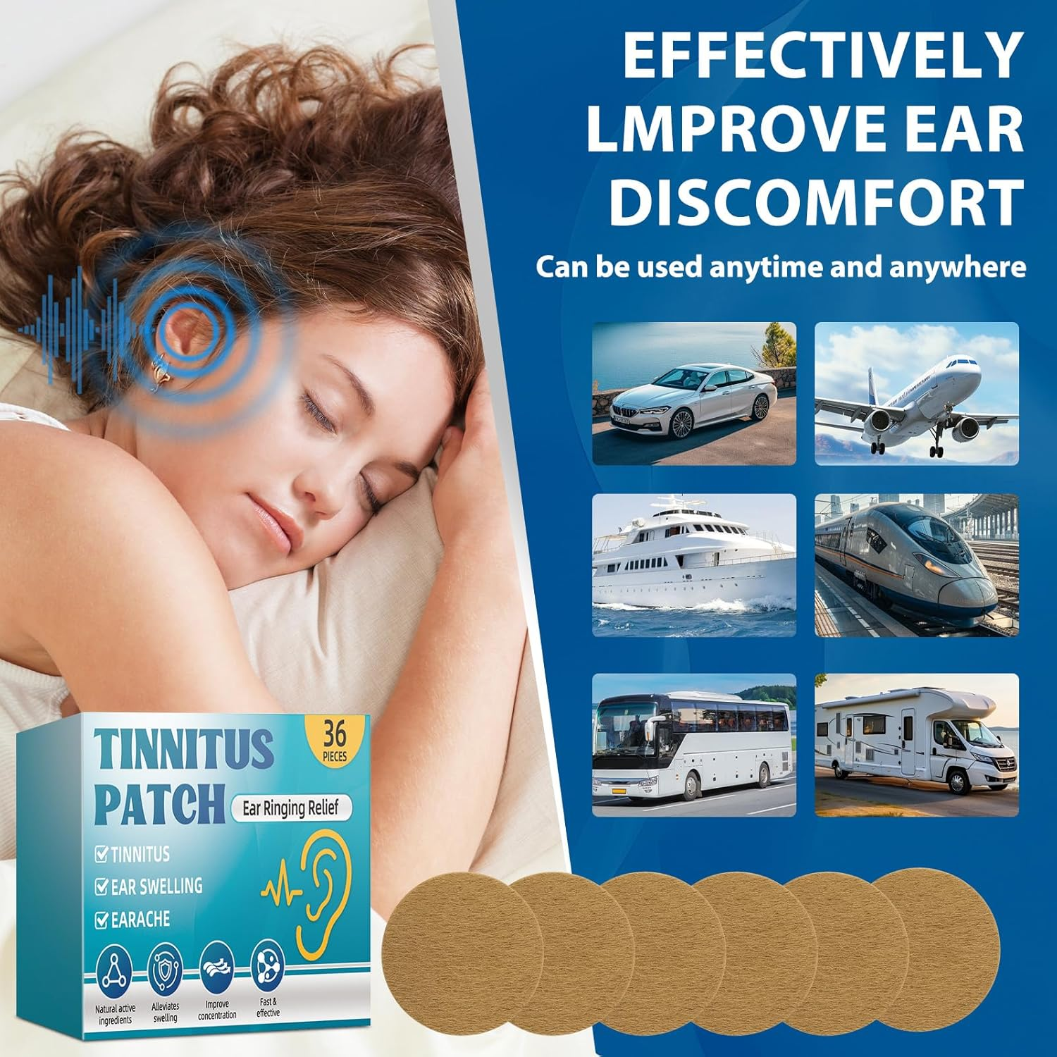 Tinnitus Relief for Ringing Ears, Tinnitus Relief Patch for Ear Ringing,Natural Herbal Formula, Effective Reduce Noise and Improve Focus, Gentle & Portable 36 Count