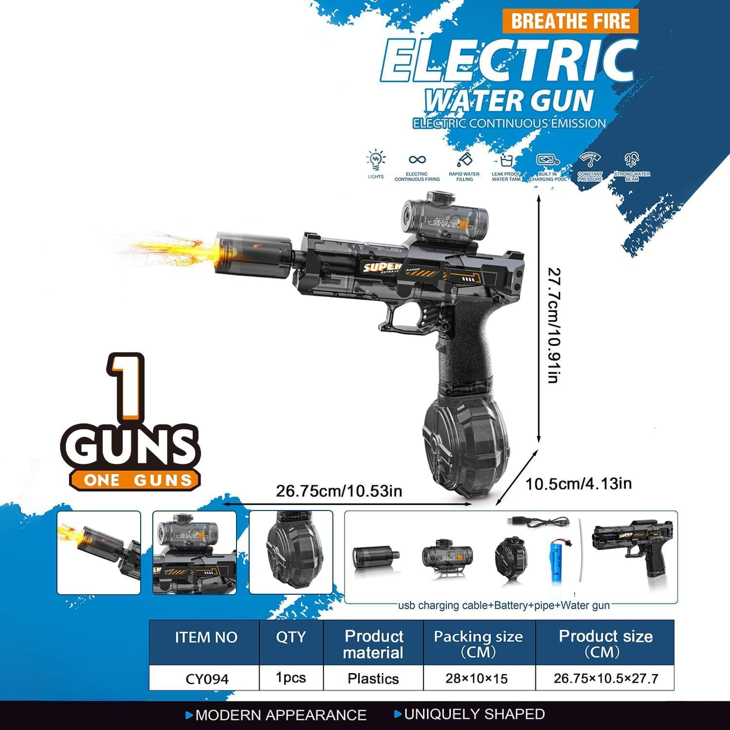 Electric Water Gun for Adults & Kids, High-Capacity Water Toy Pistol with 28-32 FT Range, Perfect Water Blaster Soaker for Outdoor Games, Yard, Beach, Pool (Black) - Blue image number 3