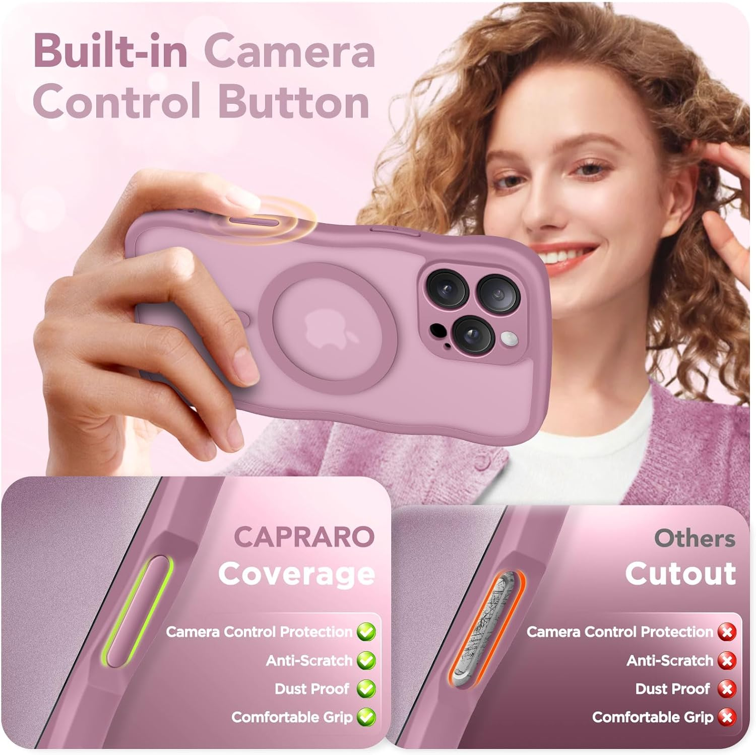 CAPRARO for Iphone 16 Pro Max Case for Women Girls, Upgraded [Full Camera Protection] [Compatible with Magsafe] Cute Wave Translucent Matte Phone Case for Iphone 16 Pro Max, Black Currant image number 4