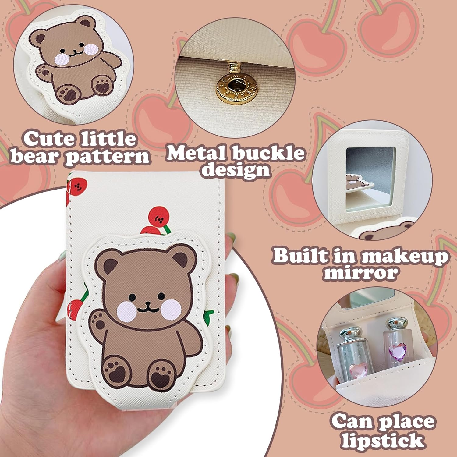 Lipstick Case with Mirror, Makeup Case with Mirror for about 3Pcs 4In Lipsticks Cute Bear Travel Lipstick Organizer image number 4