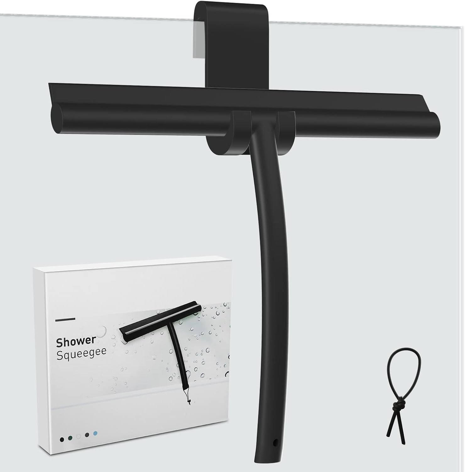 MOSUO Shower Squeegee, Shower Squeegee, Silicone with Holder without Drilling, Stainless Steel Core for Window Squeegee, Bathroom, Mirror, Glass Cleaning, Tiles, Car Windows - Black