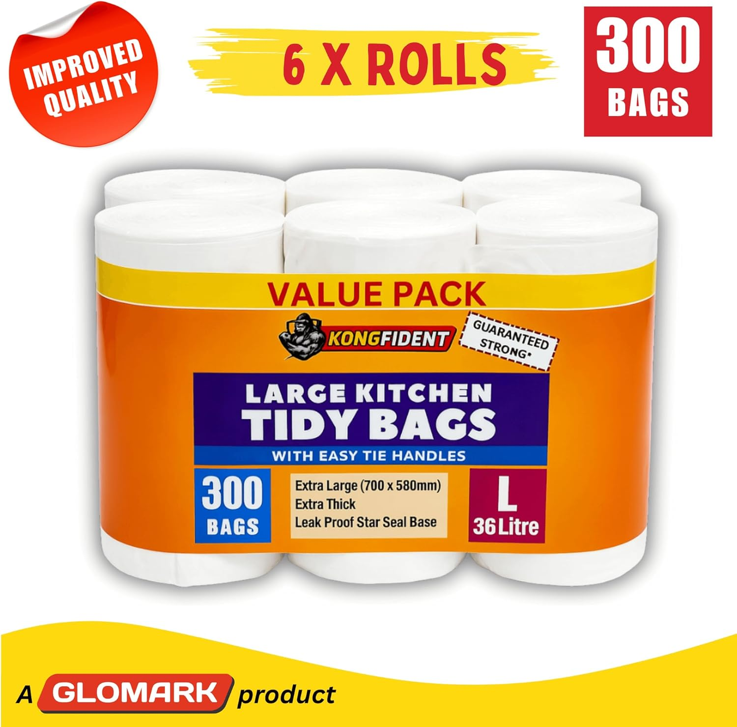 36L Large Kitchen Tidy Bags Bin Liners with Easy Tie Handles, Fits 35L Bins, Leak Proof Extra Strong Garbage Bags, Rubbish Bags for Kitchen Bins, 300 Bags Value Pack image number 4