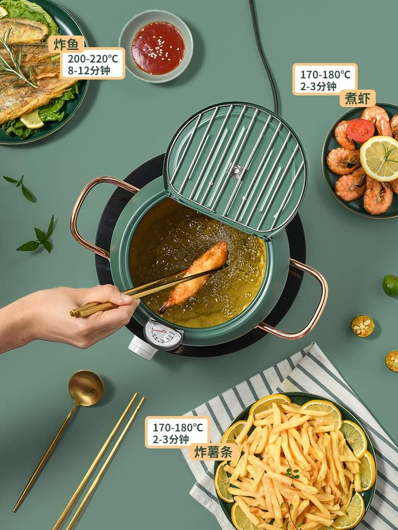 Cyrder Japanese Tempura Deep Fryer Pot with Fahrenheit Thermometer 3.5L- Nonstick Carbon Steel Oil Fryer, Fried Tempura/Chicken/Fish/Shrimp, Easy Clean, Green Big Tempura Pan, 10.2Inch image number 6