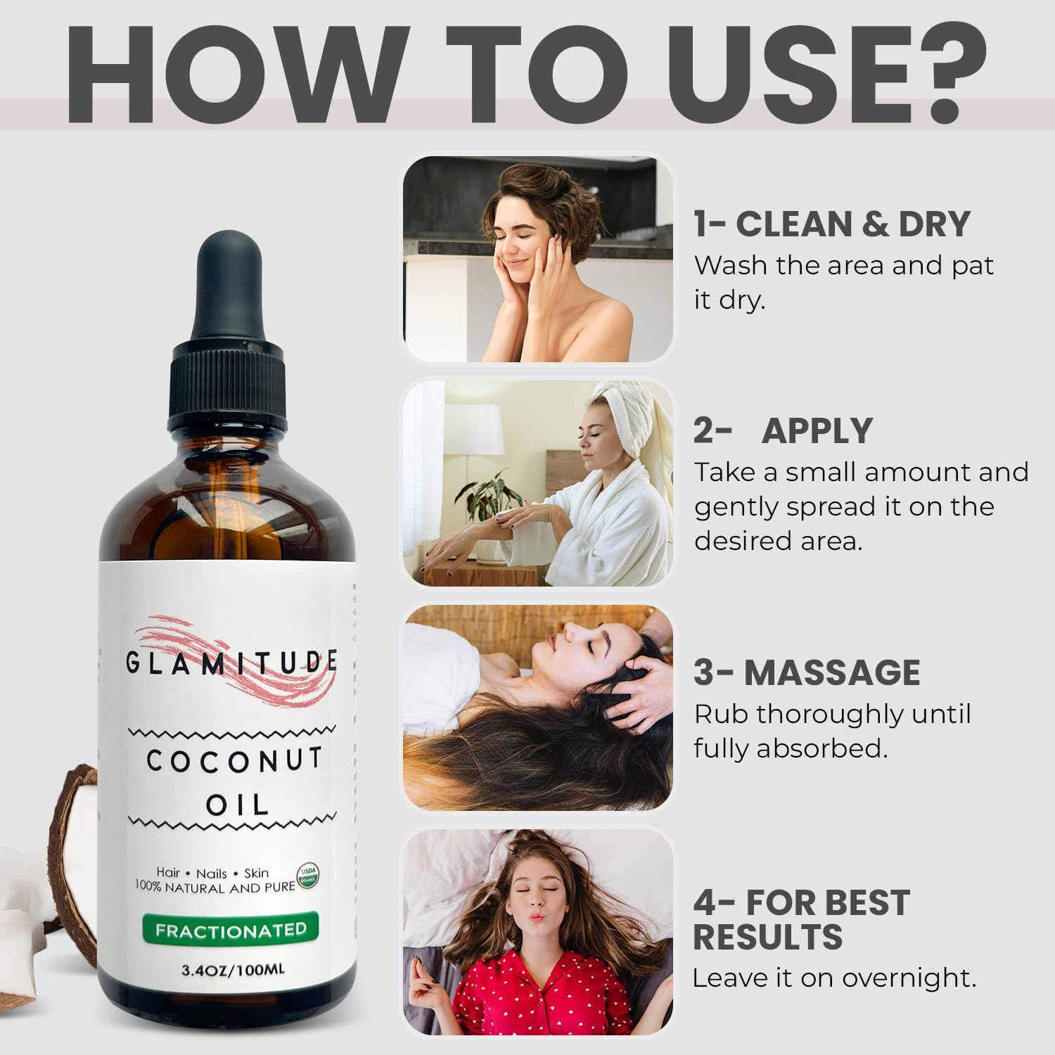 Organic Fractionated Coconut Oil - Hair Growth Oil, Body, Face & Baby | Moisturiser & Massage for Skin, Hair & Scalp | Eyelash and Cuticle Kit 5 Pairs - 100Ml image number 4