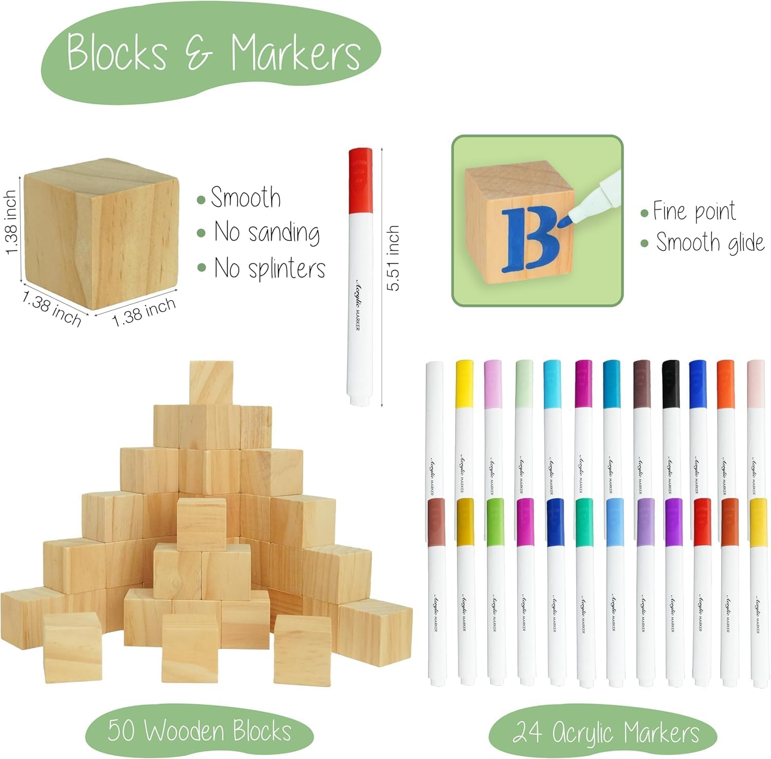 111 Pcs Baby Shower Party Decorate a Block Games Kit Including Decorate Game Sign 50 DIY Wooden Block 24 Acrylic Paint Marker 36 Stencils Baby Shower Prize for Gender Reveal Game(Boho,Classic Color) image number 2