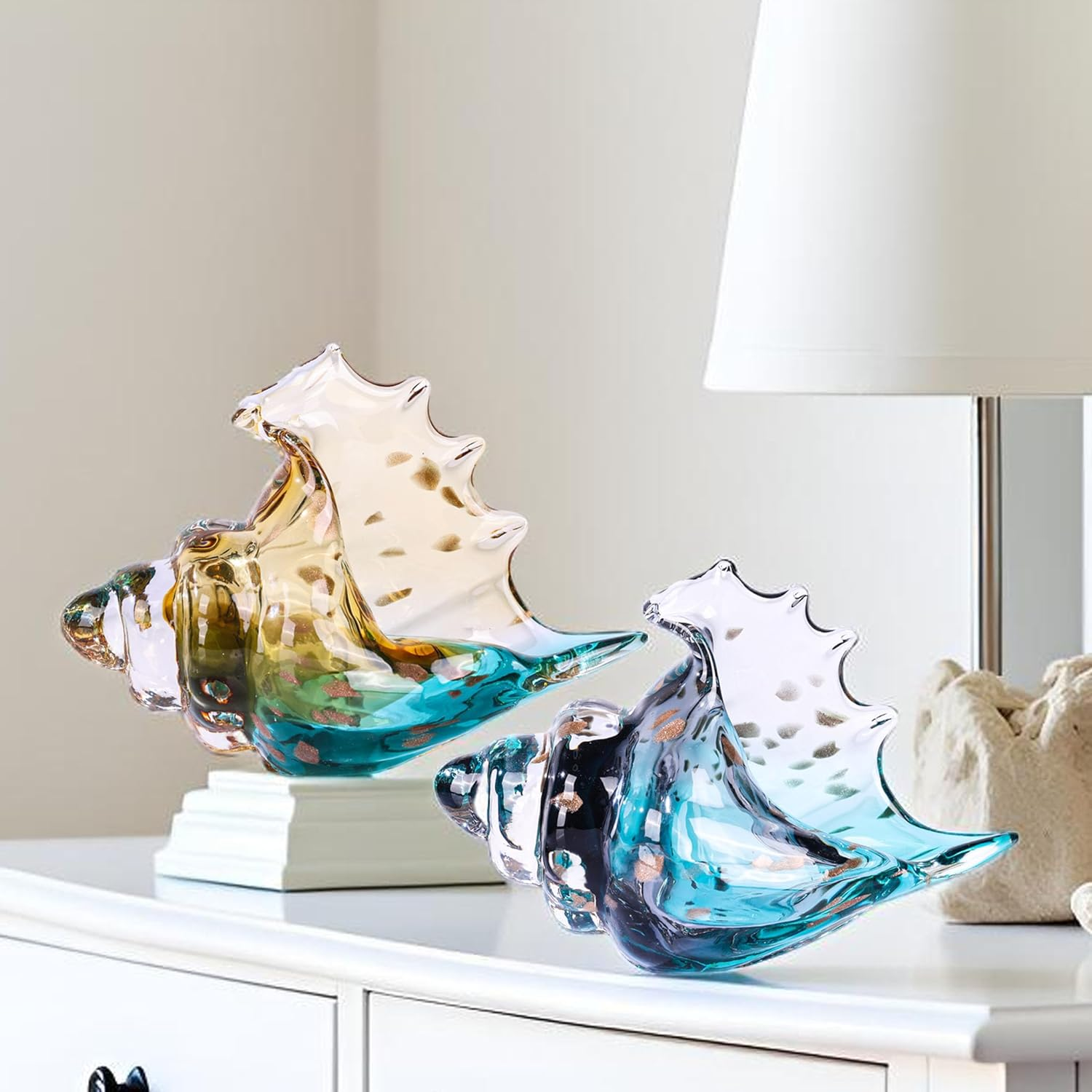 XMGZQ Hand Blown Glass Conch Statue,Sea Glass Art Figurine, Coastal Home Decor with Sea Shells, Living Room TV Stand above Cabinet,Bookcase,Beach Decoration,Entryway Conch Horn Figurines - Gray,Yellow image number 2