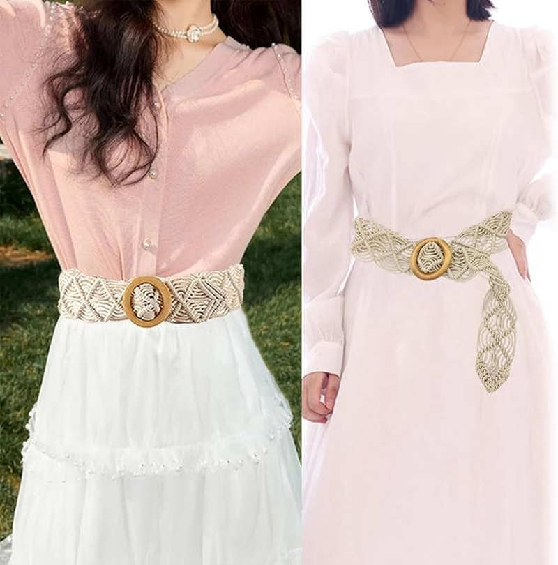 Belts Boho Woven Rattan Rope Braid Waist Belt with O-Ring Wooden Buckle Bohemian Style Skirt Fashion Skinny Macrame Waistband for Women Girls Braided Belt Dress Jeans image number 1