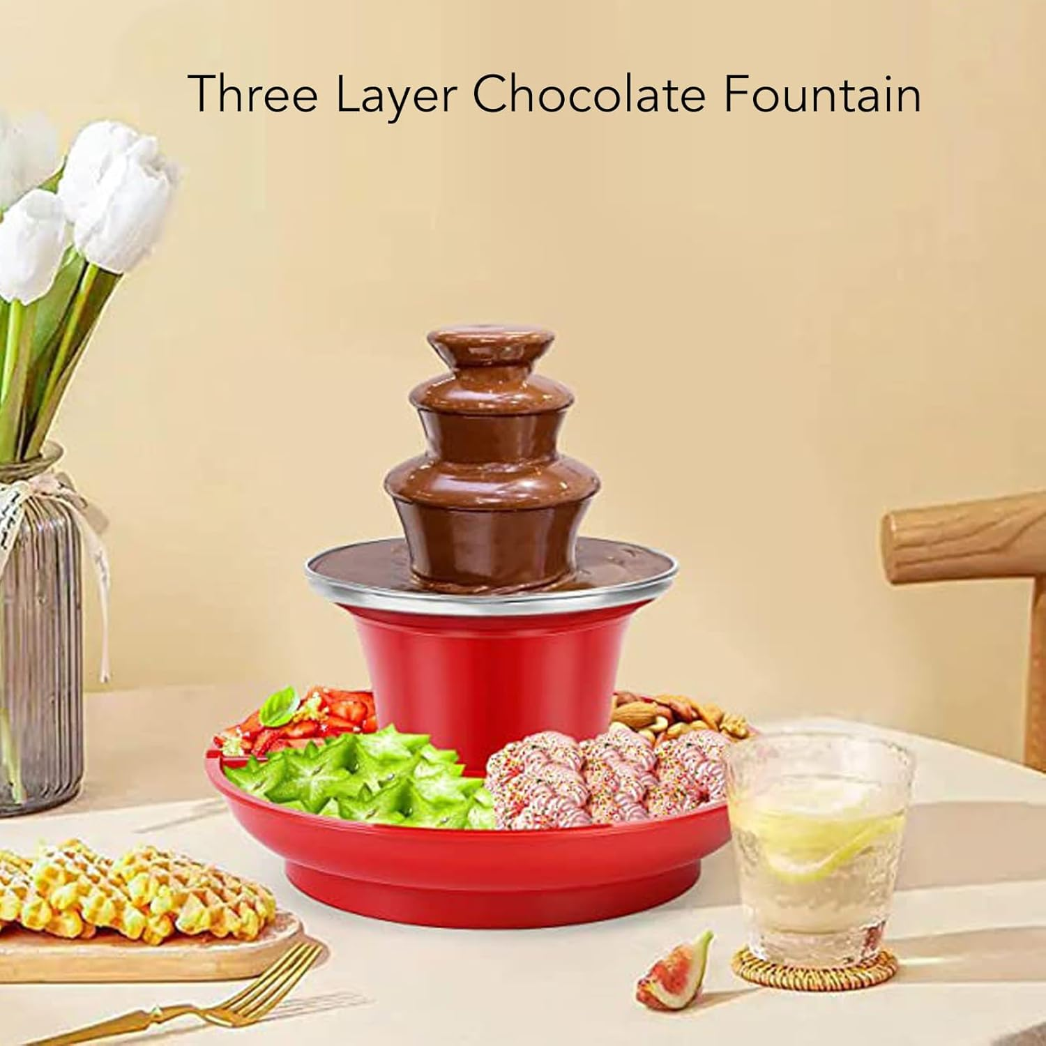 Chocolate Fountain Machine, 3 Layer Detachable Mini Fondue Fountain Cheese Fountain Buffalo Sauce Fountain Drink Fountain Party Fountain for Party Christmas Halloween image number 2