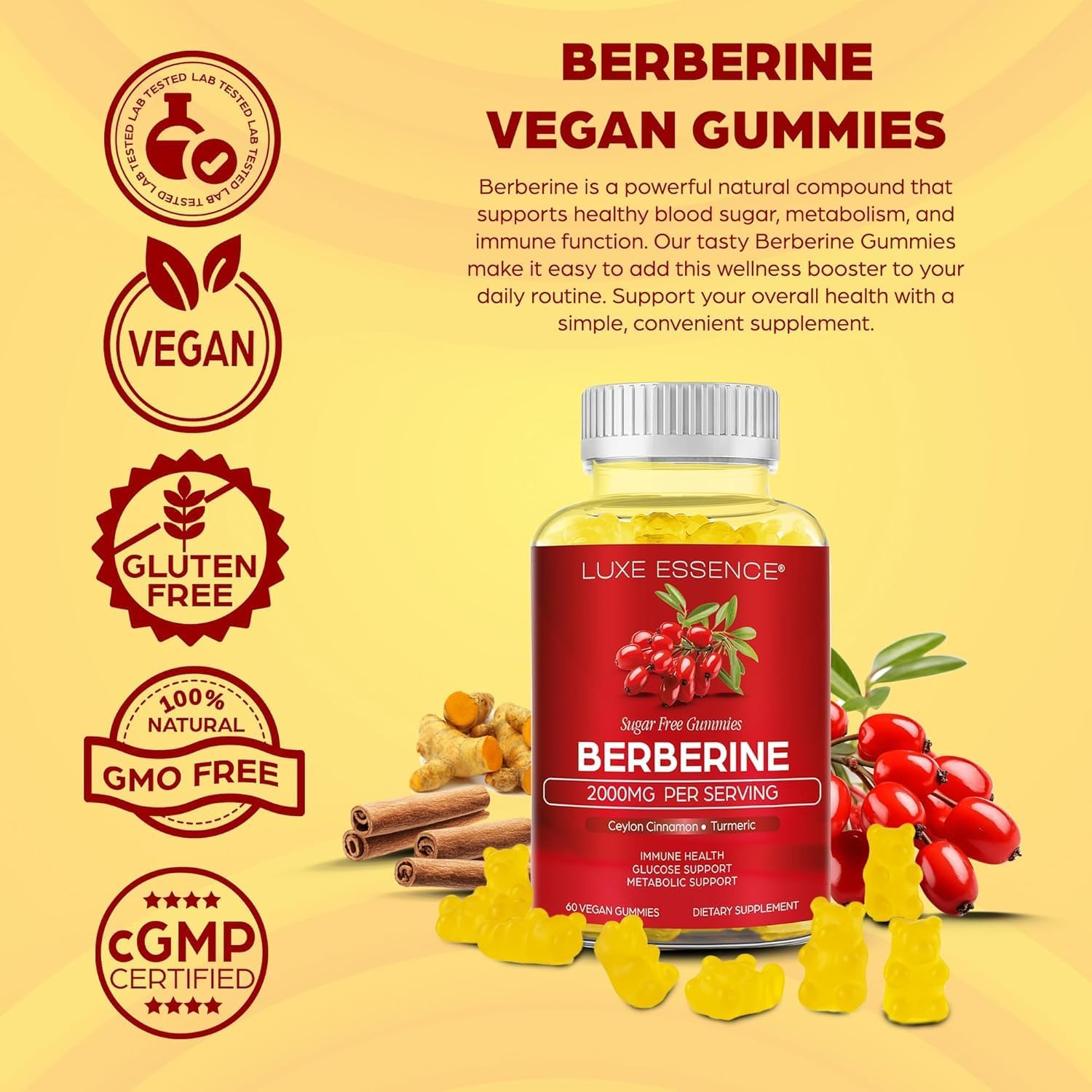 Berberine Gummies with Ceylon Cinnamon & Turmeric | 2000Mg Berberine HCI Supplement for Digestive Health & Support of Healthy Glucose Metabolism | Vegan, Sugar-Free, Pineapple Flavour | 60 Gummies image number 2