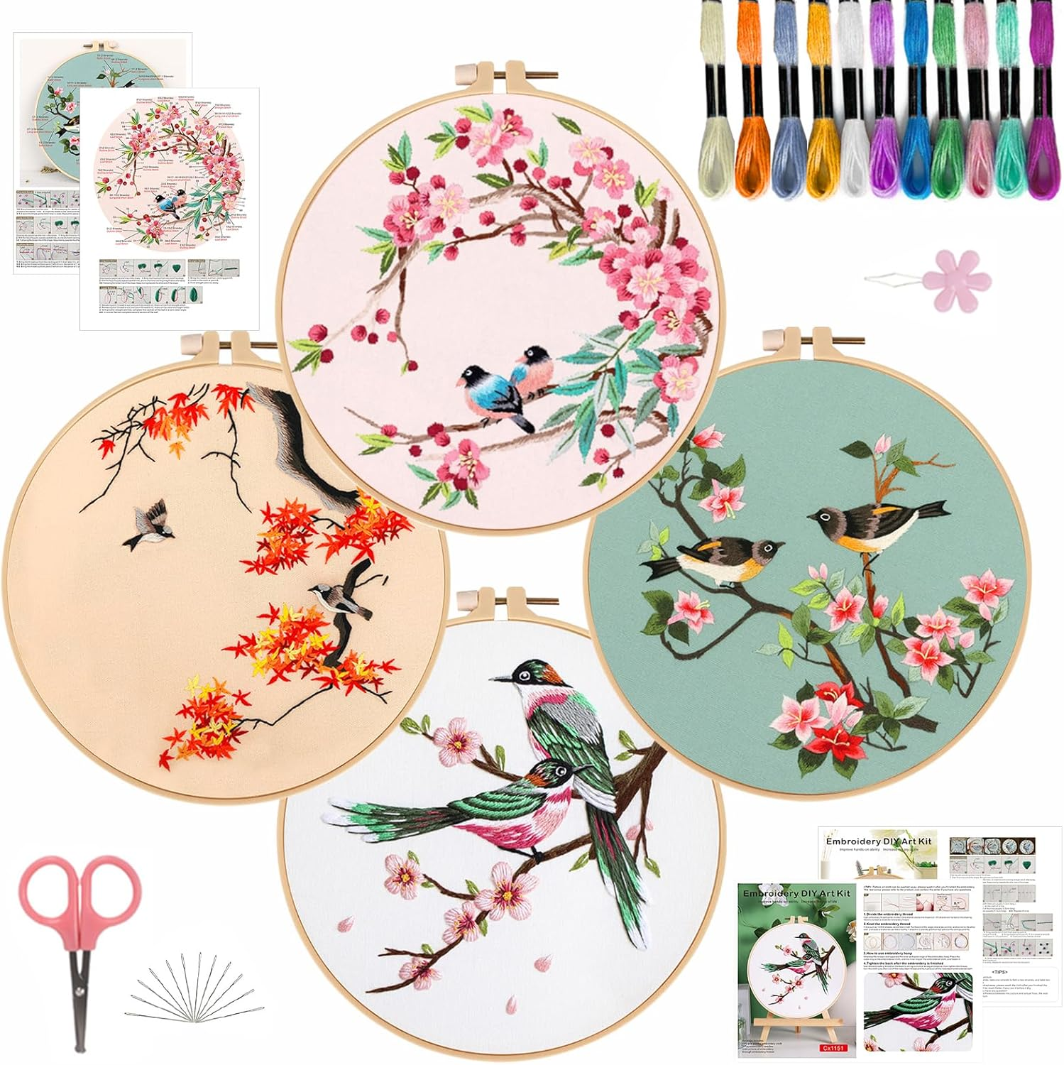 SHIPKEY 4 Sets Embroidery Kit, Beginner Stamped Stitching Kit for Adult, Starter Hand Embroidered Kits with Stamped Patterns | Sunflower