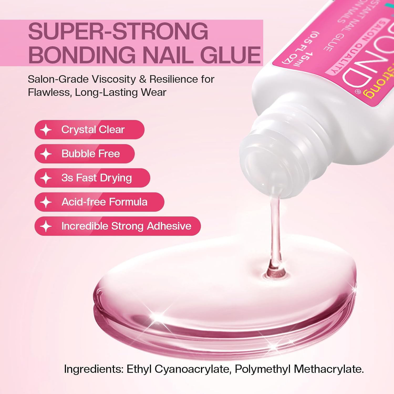 WANXINPT Press-On Nail Glue: Super Strong Brush-On Nail Glue for Acrylic and False Nails, Long-Lasting and Quick-Drying, No UV Required, Salon Quality, Suitable for Beginners DIY Home (15Ml) image number 1