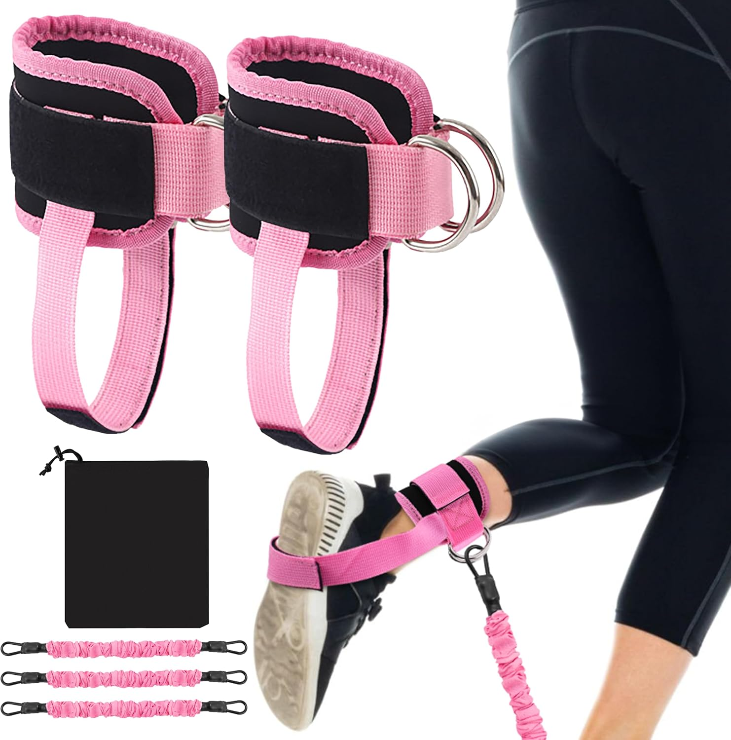 Wood Homing Ankle Resistance Bands with Cuffs - 3 Level Ankle Weight Exercise Band with Adjustable Cable Kickback Ankle Strap Leg Glute Booty Fitness Equipment for Women Gym Home Stretch Pilate Yoga