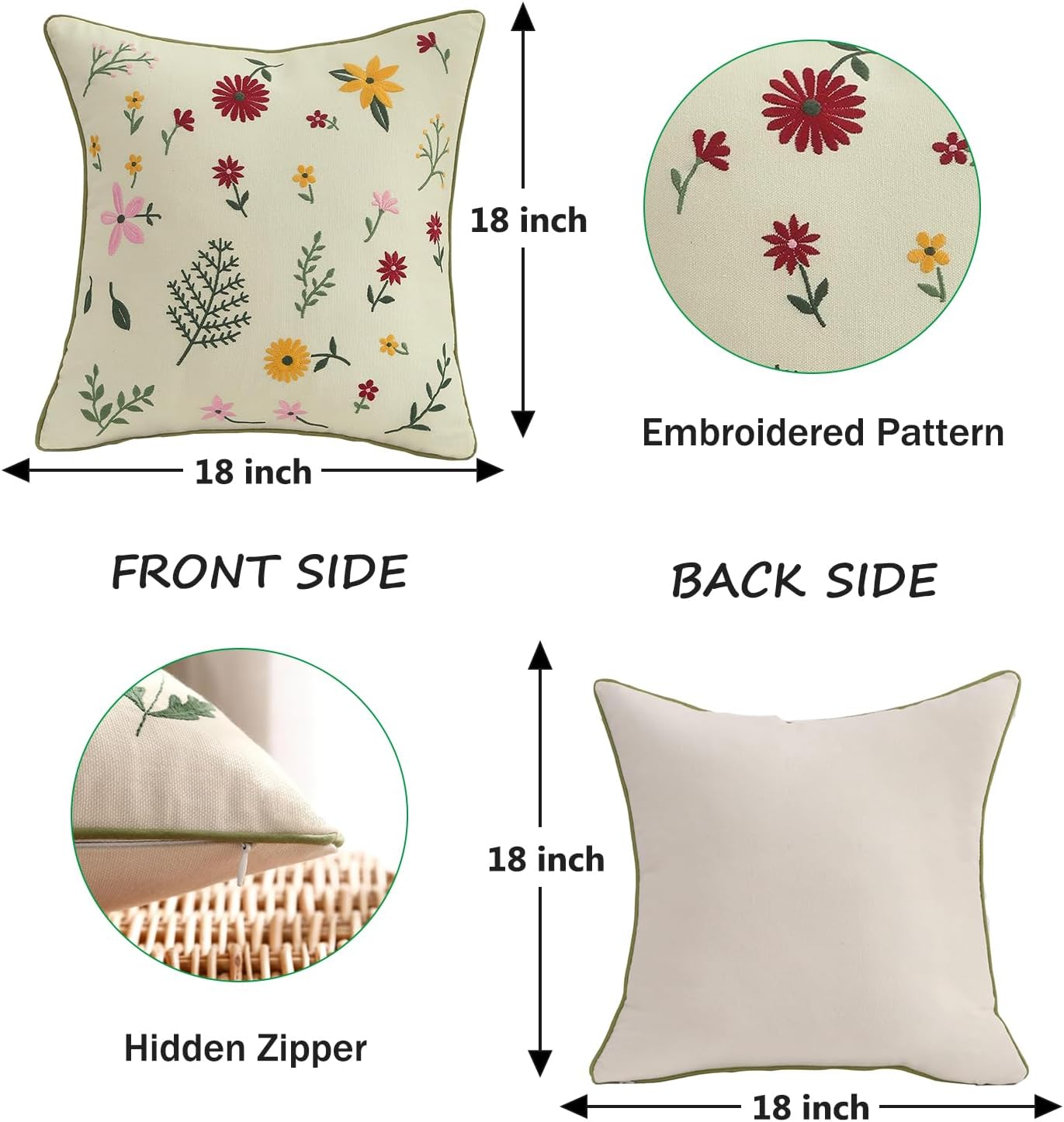 Tosleo Decorative Pillowcases 18 X 18 Inch Pack of 2 Embroidered Throw Pillow Covers Farmhouse Pillow Cushion Cases Home Decor Square Floral Pillow Case (All-Season Flower) image number 2