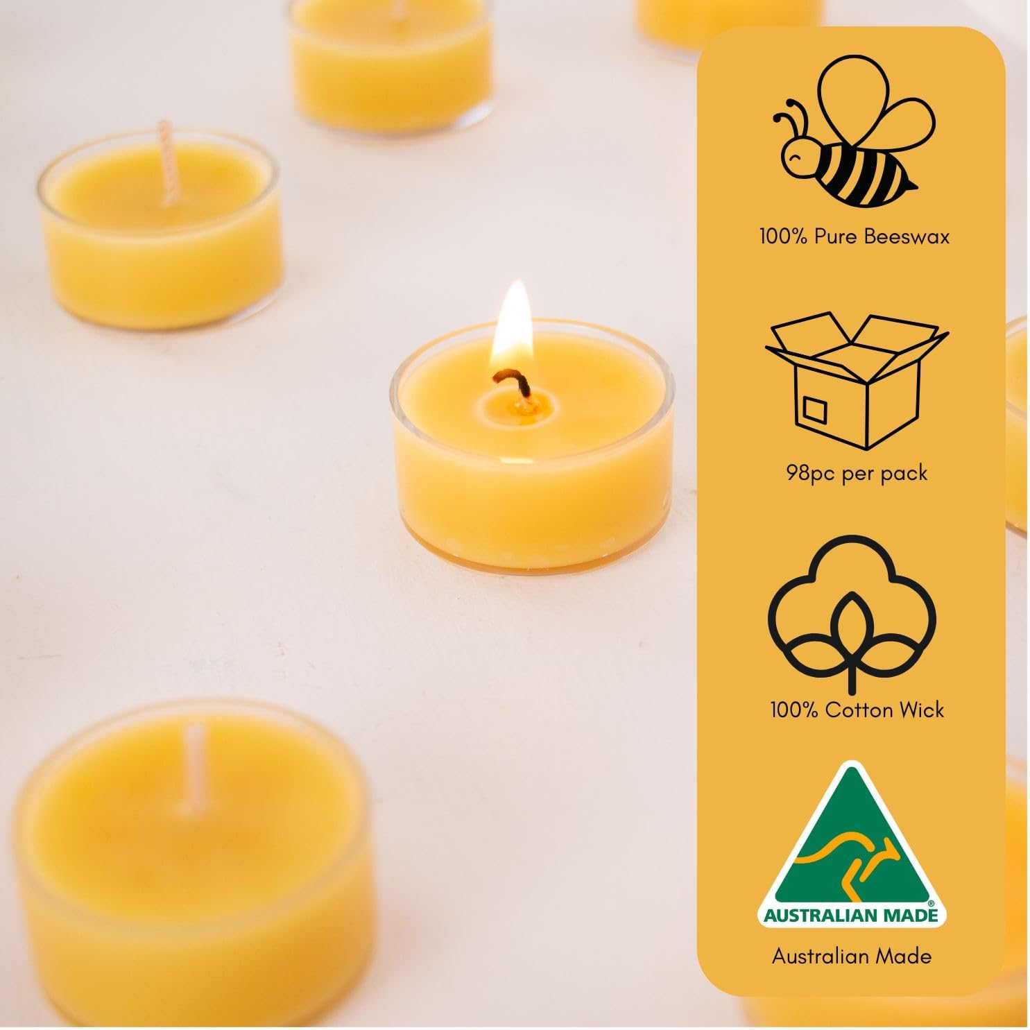 98Pc Australian Made Pure Beeswax Tea Lights, 100% Organic Pure Beeswax Tea-Light Candles, 4Hr Burn Time, Natural Beeswax Tealight Candles, Natural Beeswax Tealights image number 3