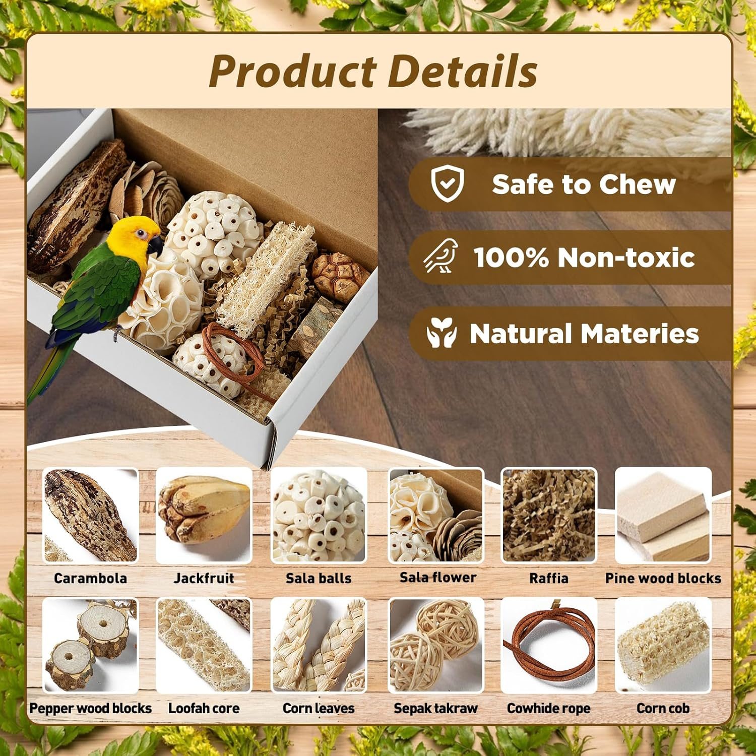 SUSOO Natural Bird Chewing Wooden Toys DIY Set, Safe Shredding Toys with Sola Balls, Wood Blocks, Apple Wood and Pine Cone, Foraging Toy for Parrots, Parakeet, Budgie, Conure,Love Birds and Cockatiel image number 4