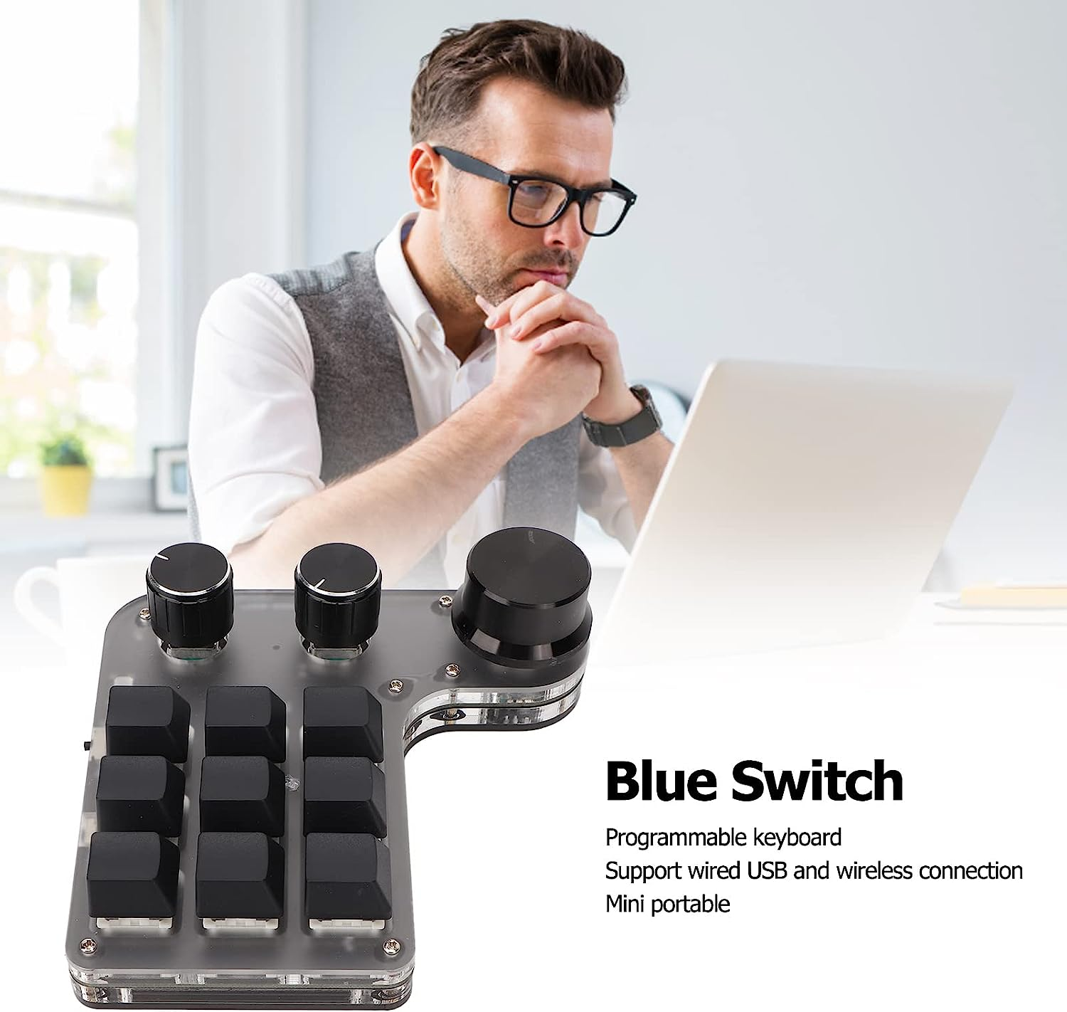 One Handed Macro Mechanical Keyboard, 9 Keys 3 Knobs Programmable Macro Keyboard, USB Wireless Dual Mode Gaming Keypad, For image number 3