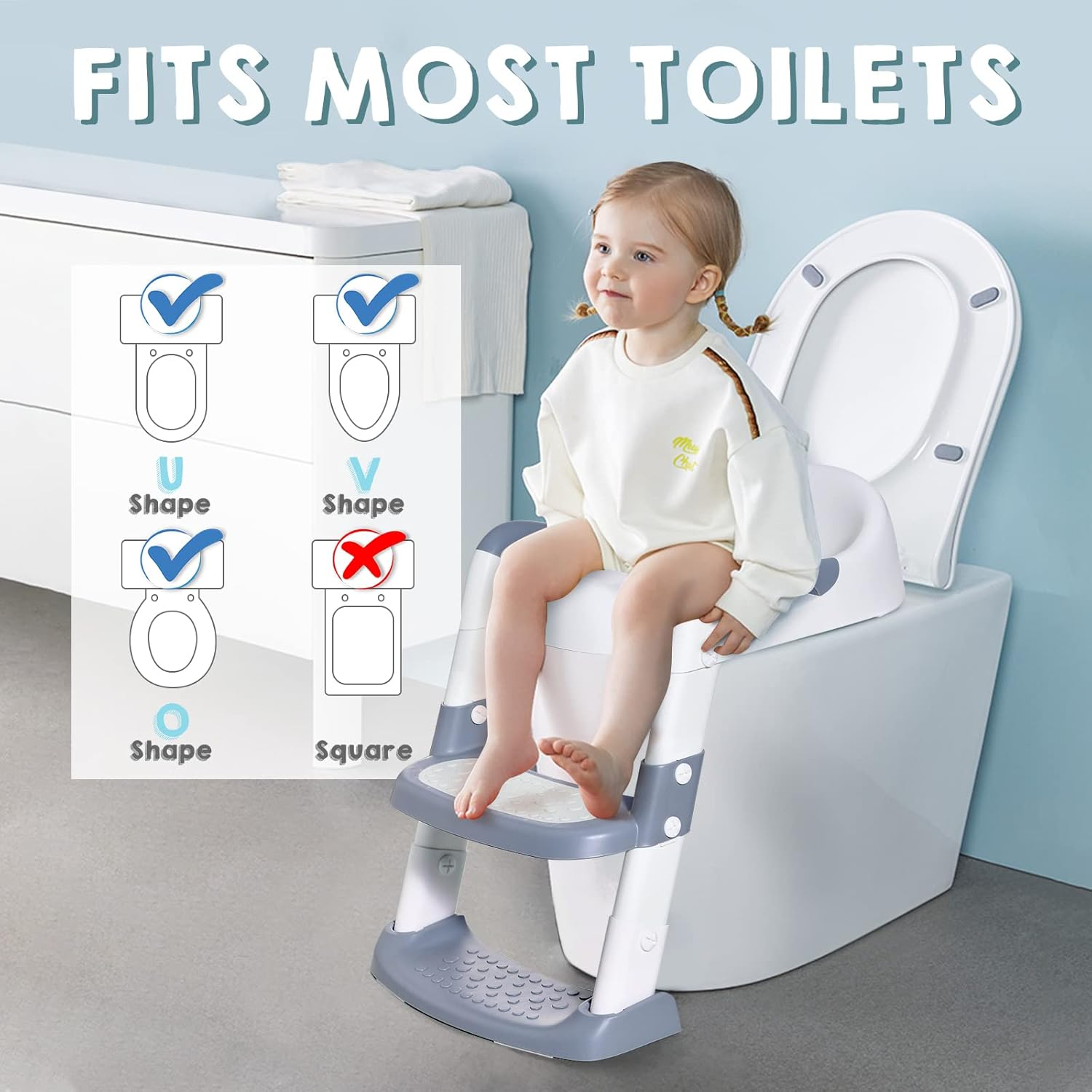 Potty Training Seat with Step Stool Ladder, Gentle Monster Toddler Potty Training Toilet for Kids Boys Girls Baby, Foldable & Comfortable Training Potty Chair Toilet for Child with Anti-Slip Pad(Grey) image number 4