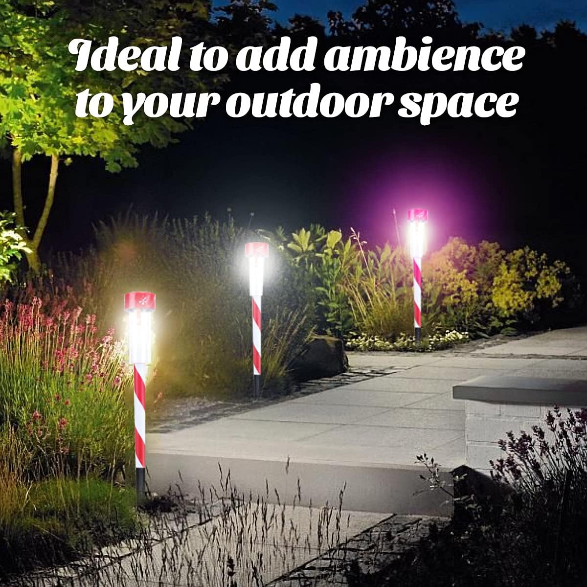 CHRISTMAS by SAS - 24Pcs Garden Stake LED Solar Light, Automatically Cycles through Colours, Red, Blue, Green, Yellow, Light Blue, Purple, Pink, 36Cm Striped Red & White, Outdoor Christmas Decor image number 1