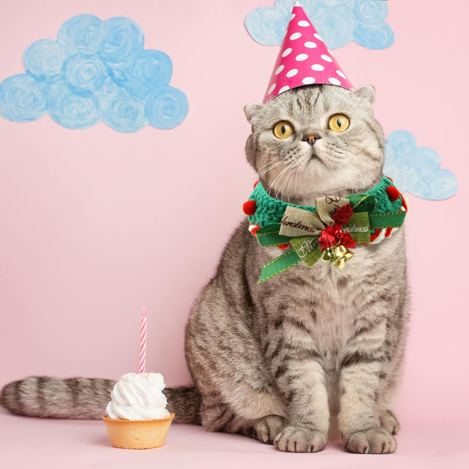 2 Pcs Christmas Collar with Bells Handmade Knitted Crochet Breakaway Scarf Collar for Cat and Puppy Adjustable Cute Woven Collars Necktie for Kittens Small Pets Accessories Christmas Costume Outfits image number 5