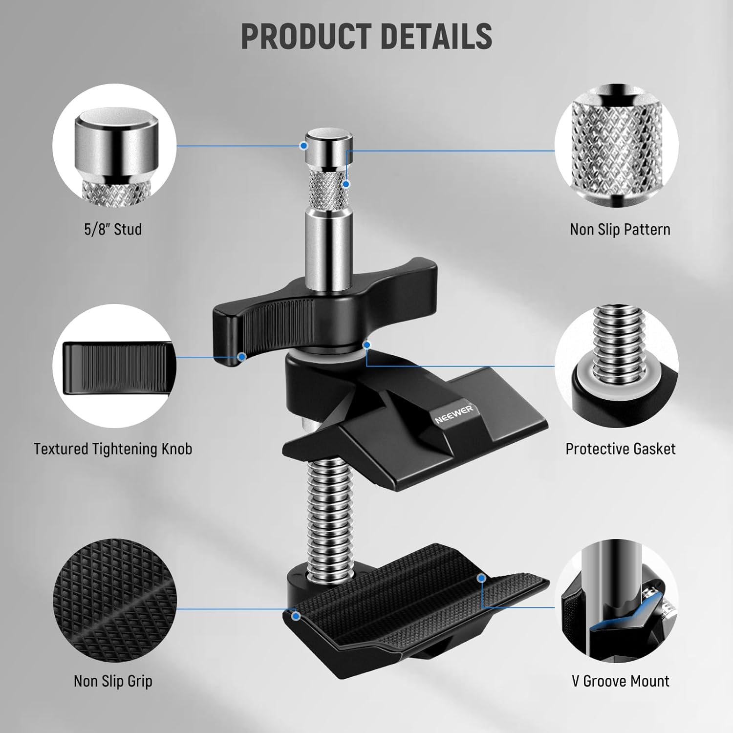 NEEWER 2" End Jaw Grip with 5/8" Stud, Steel Shaft End Pipe Grip Clamp with Adjustable Aluminum Jaws, Rubber Pads for C Stand, anti Twist, Spin Handle Easy Lock for LED Video Light Softbox, UA015 image number 4