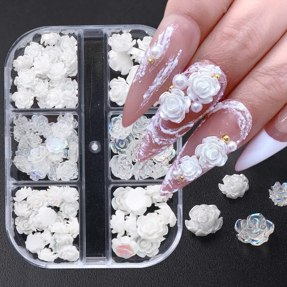 Woration Resin Nail Art Charms Decorations Decals 5D Nail Accessories Craft Ornaments Supplies White & Transparent Three-Dimensional Camellia Rose Flower 6 Grids image number 5